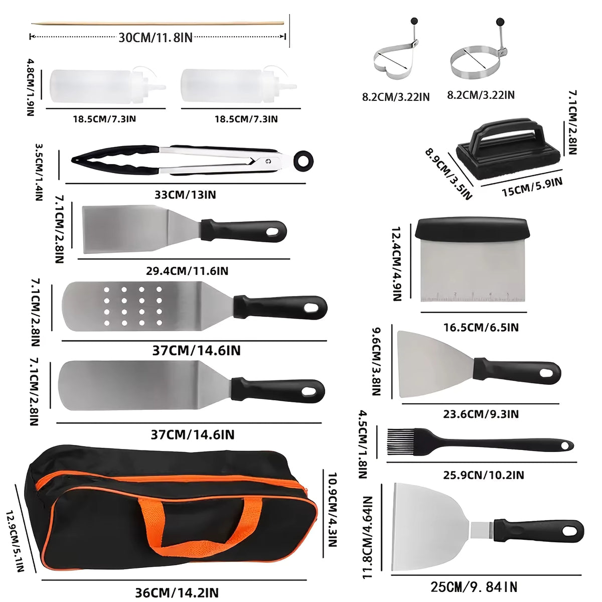 Aussie BBQ tools set size chart with 29.4cm (11.6in) square spatula, 23.6cm (9.3in) scraper and egg rings