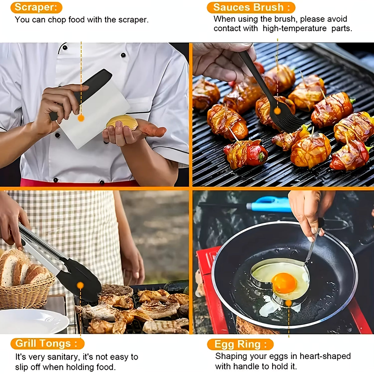 Aussie BBQ tools set features showing the bench scraper, basting brush, grill tongs and egg ring