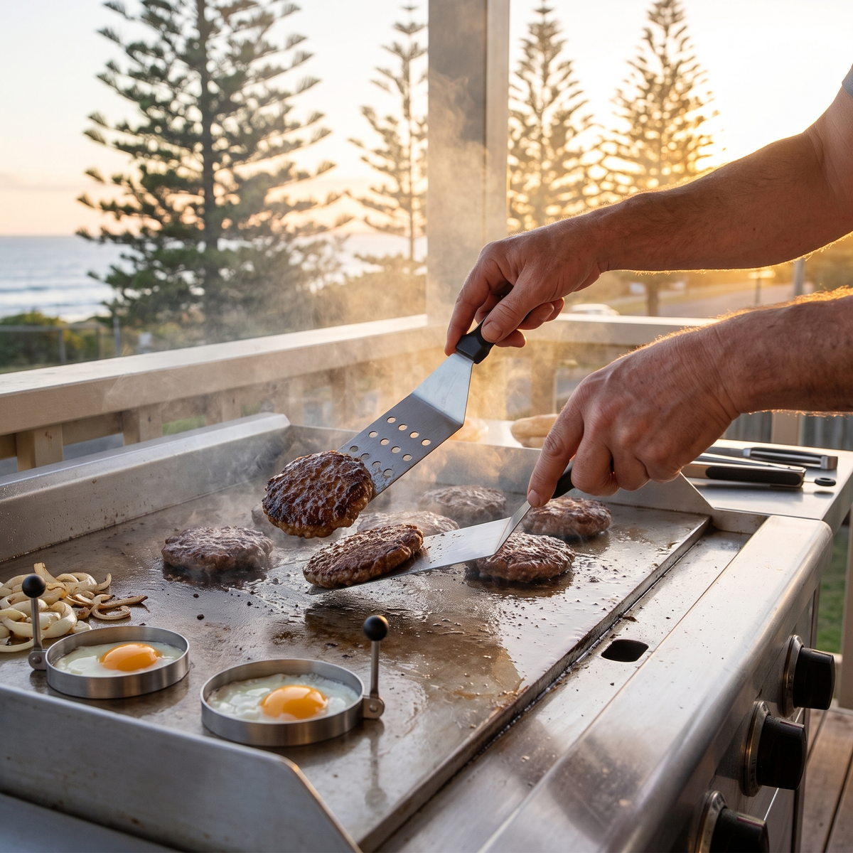 Aussie BBQ tools set spatulas flipping smash burgers on a hotplate on a beach house deck