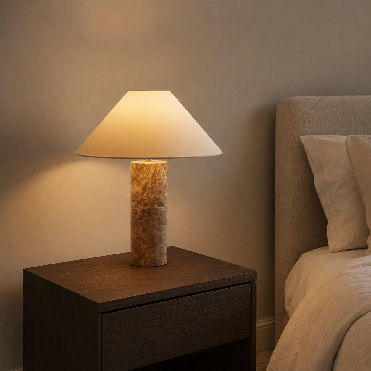 Ava Marble Table Lamp styled on a bedside table