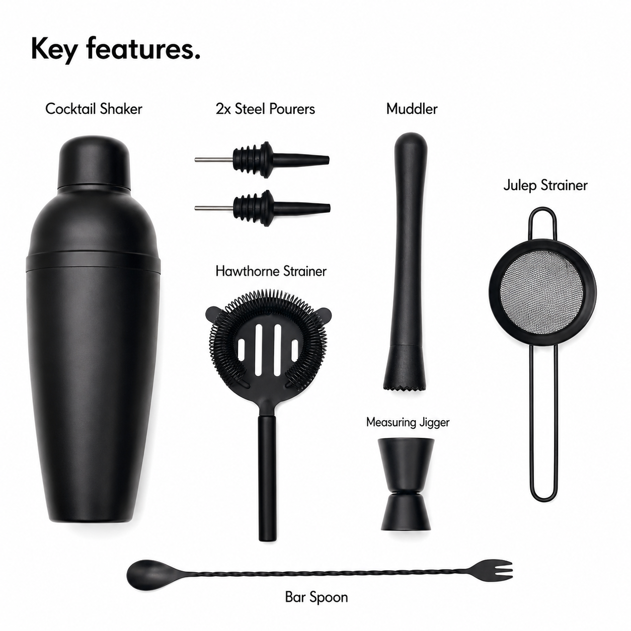 Avero cocktail shaker set laid out with all 9 pieces included