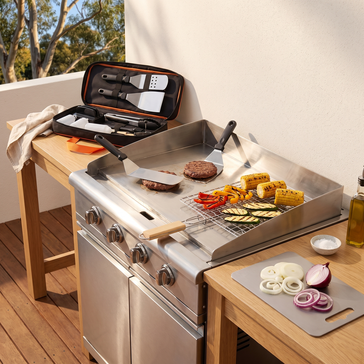 Aussie BBQ tools on a flat-top griddle with a Toni grilling basket and Gordon titanium board on a backyard deck