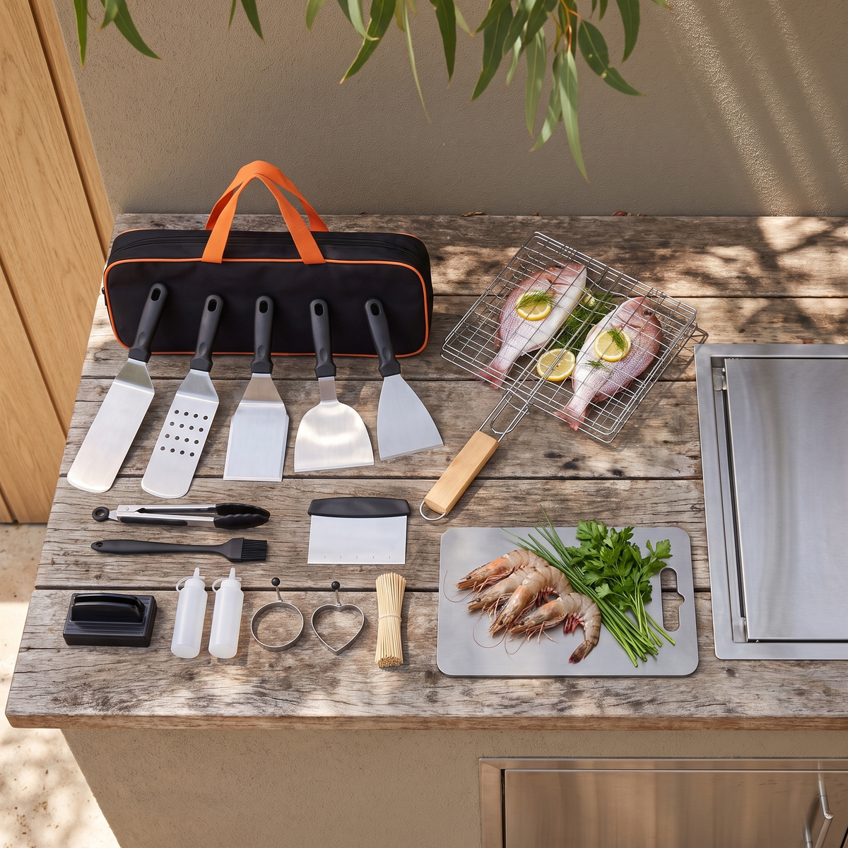 Flat lay of the Aussie BBQ tools set, Toni grilling basket with fish and Gordon titanium board with prawns