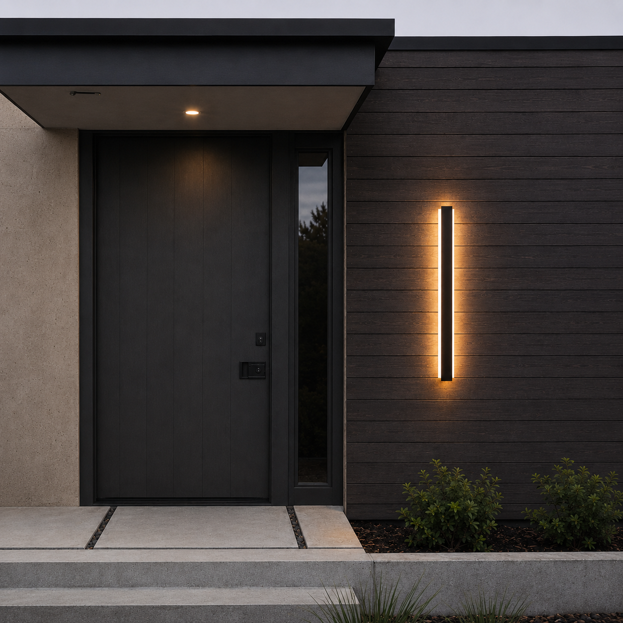 Baha Iron LED Outdoor Wall Light in a longer size illuminated at night