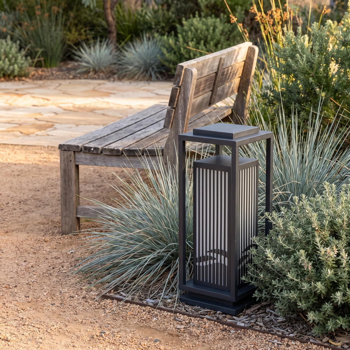 Ballina slatted outdoor lamp among native grasses in daytime