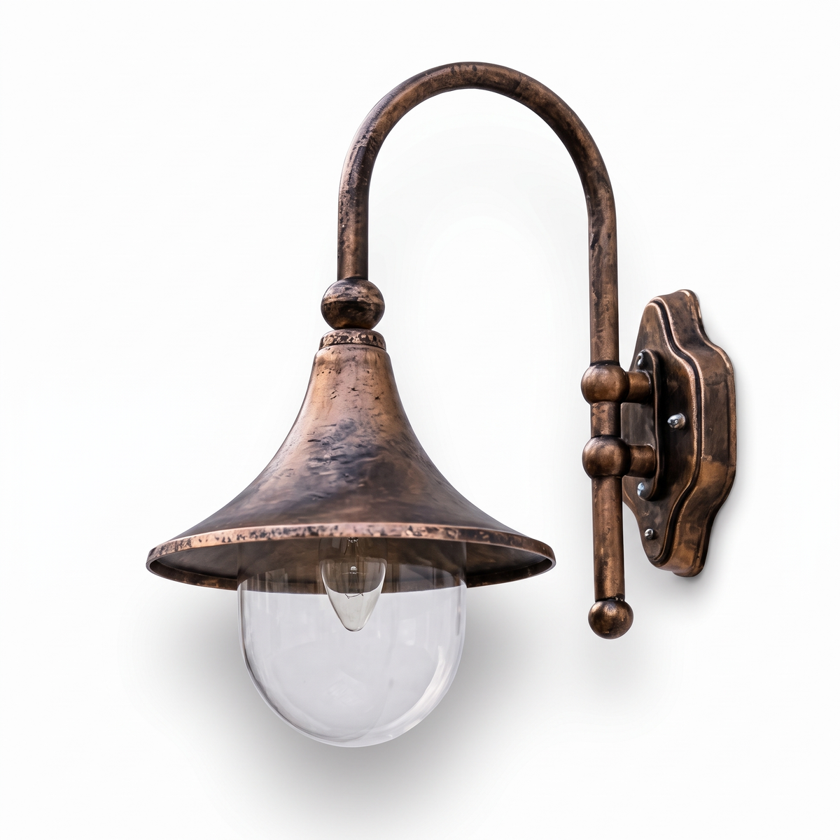 Bally vintage gooseneck outdoor wall light in antique bronze with opal globe on a white background