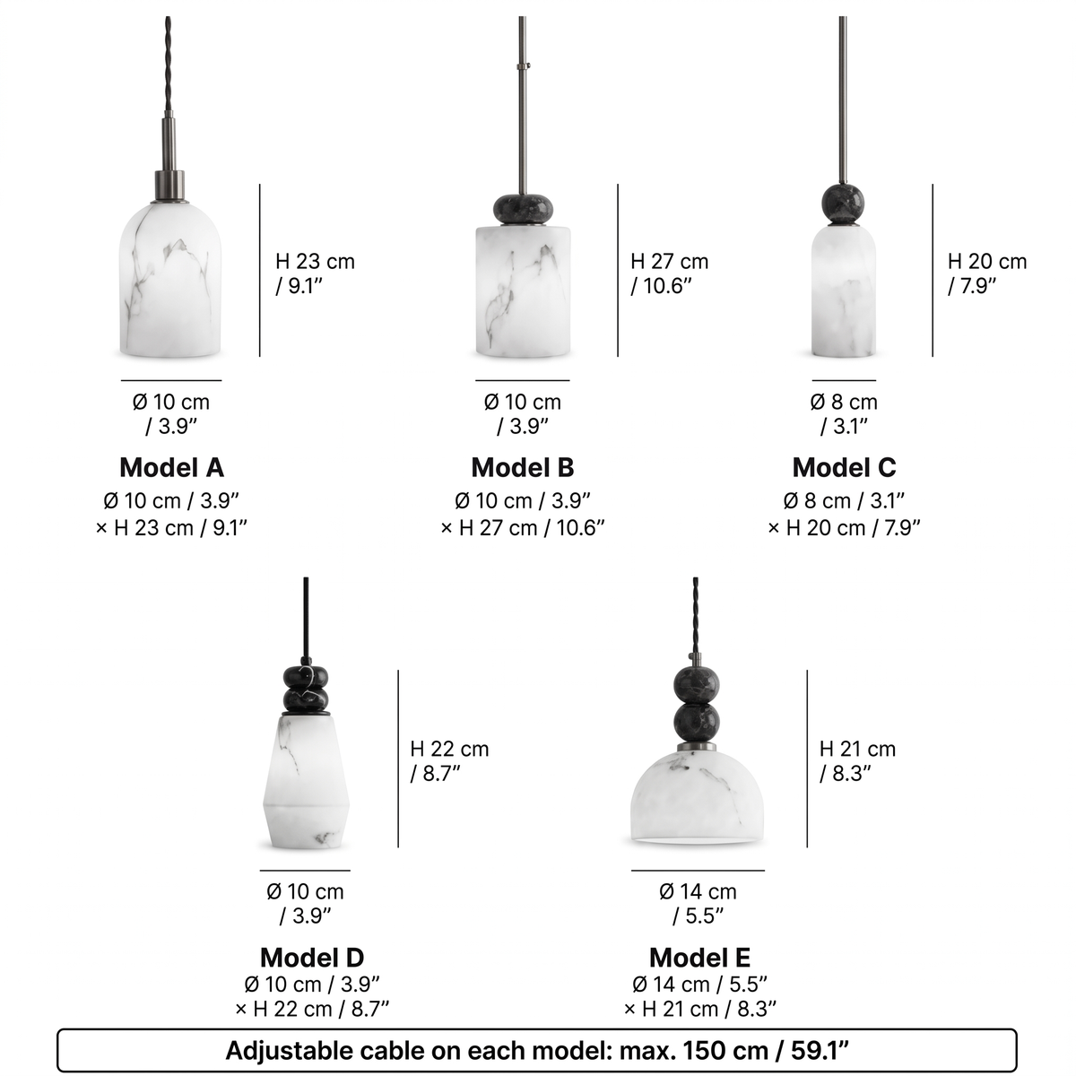 Banyjima dimensions for Models A to E, 8 to 14cm (3.1 to 5.5in) wide and 20 to 27cm (7.9 to 10.6in) tall