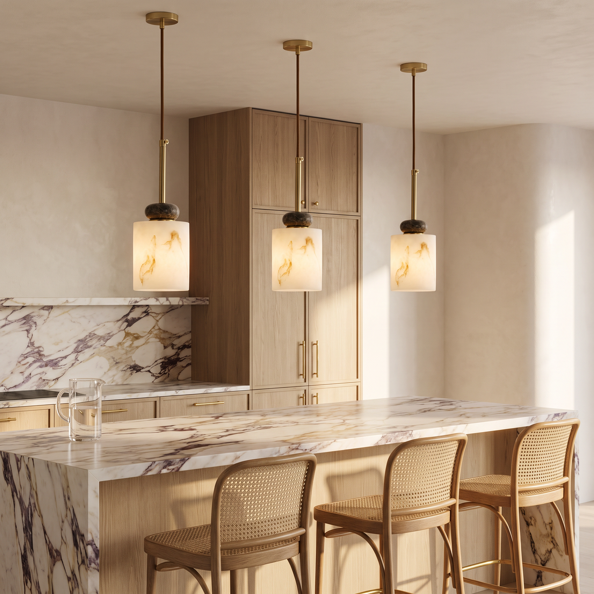Three Banyjima Model B faux alabaster pendants with dark marble beads over a marble kitchen island