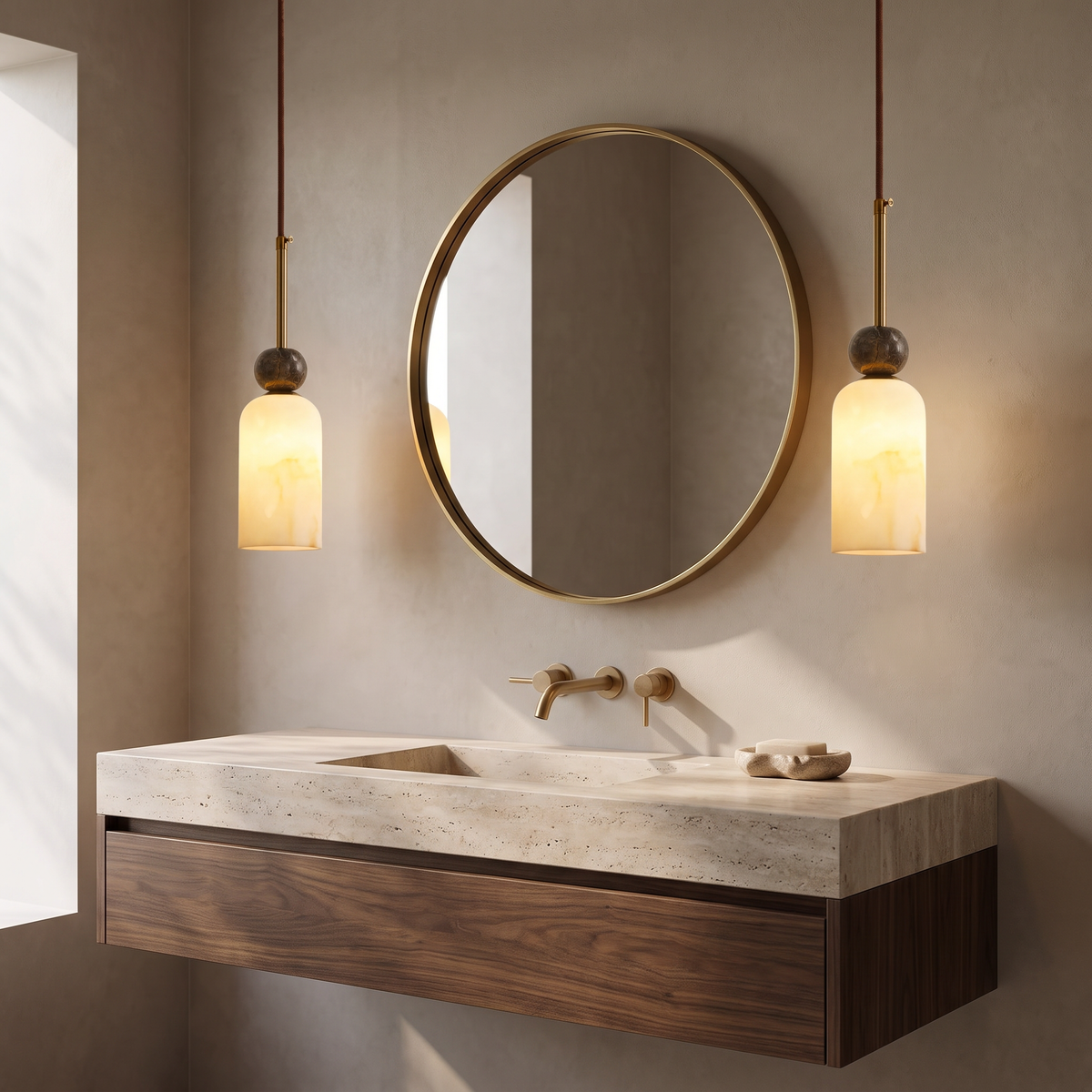 Banyjima Model C slim faux alabaster pendants either side of a round bathroom vanity mirror