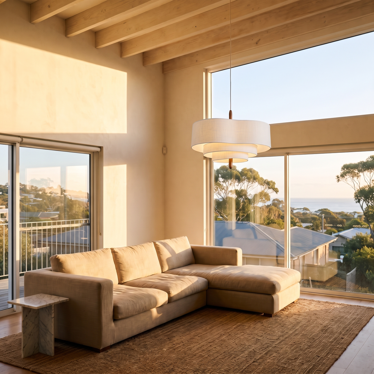 Barrenjoey Pendant Light in a double-height coastal living space at golden hour
