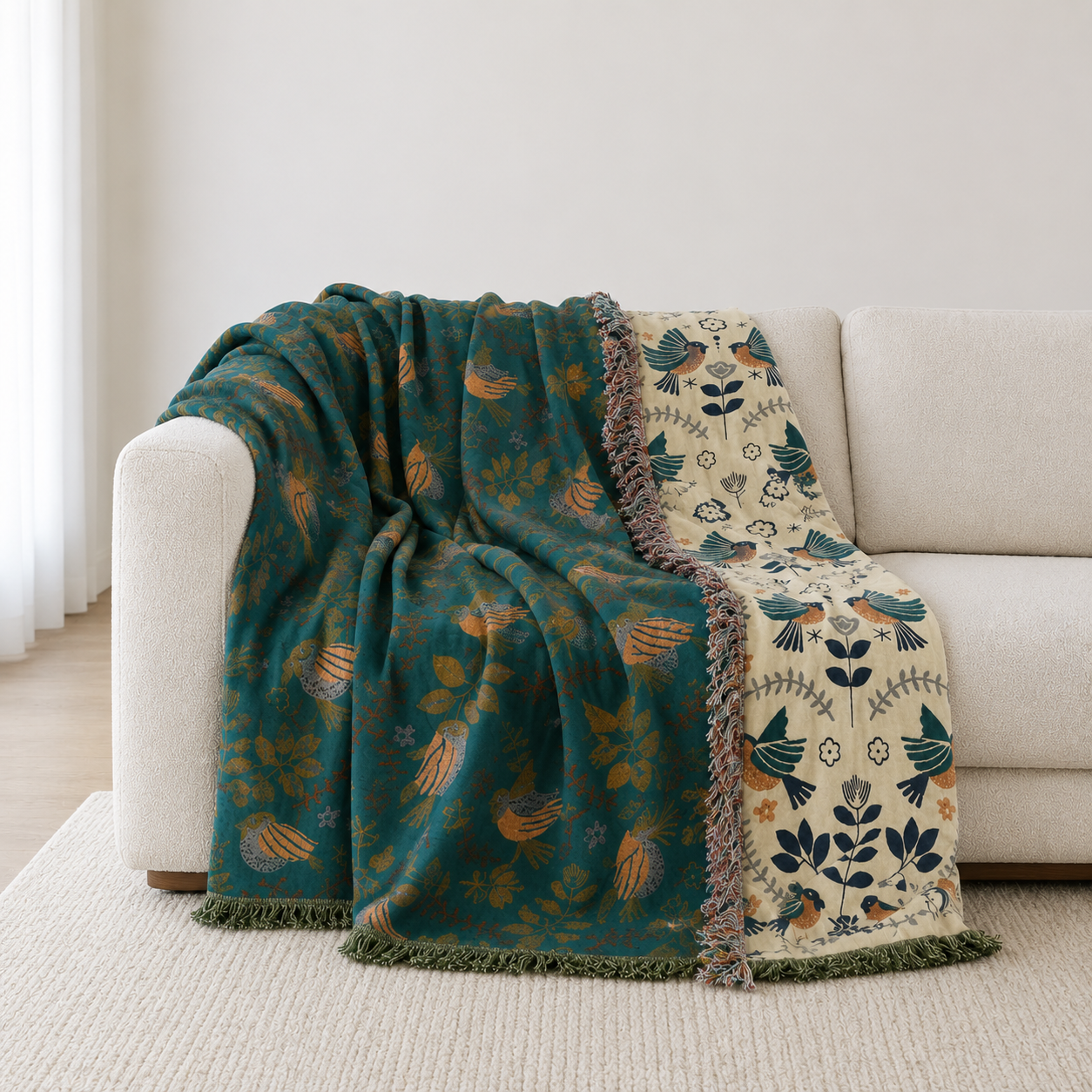 Barwon Cotton Throw Blanket with embroidered bird and floral detailing