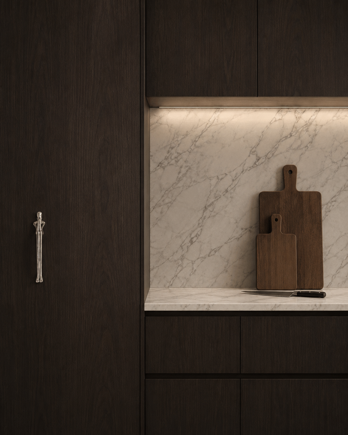 Bathurst Sculptural Brass Cabinet Handle installed on a kitchen cabinet