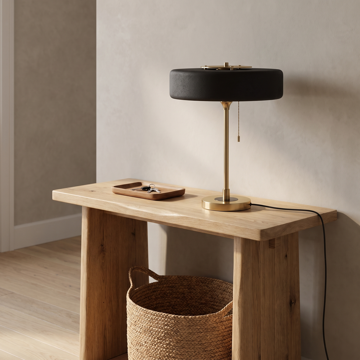 Baya minimalist table lamp in black on an oak entry console table