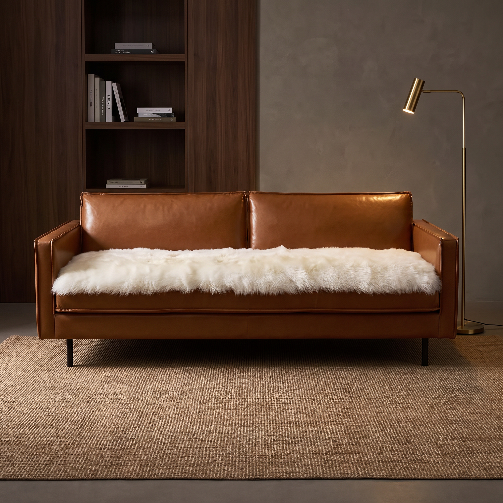Bella faux fur plush sofa cover in gray styled in a warm modern living room