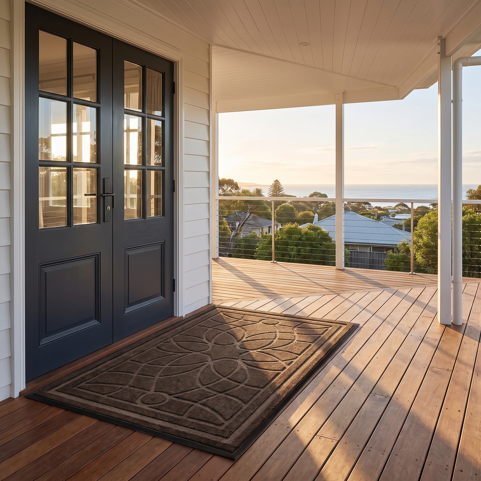 Bella mandala doormat in brown on timber decking at a beach house verandah