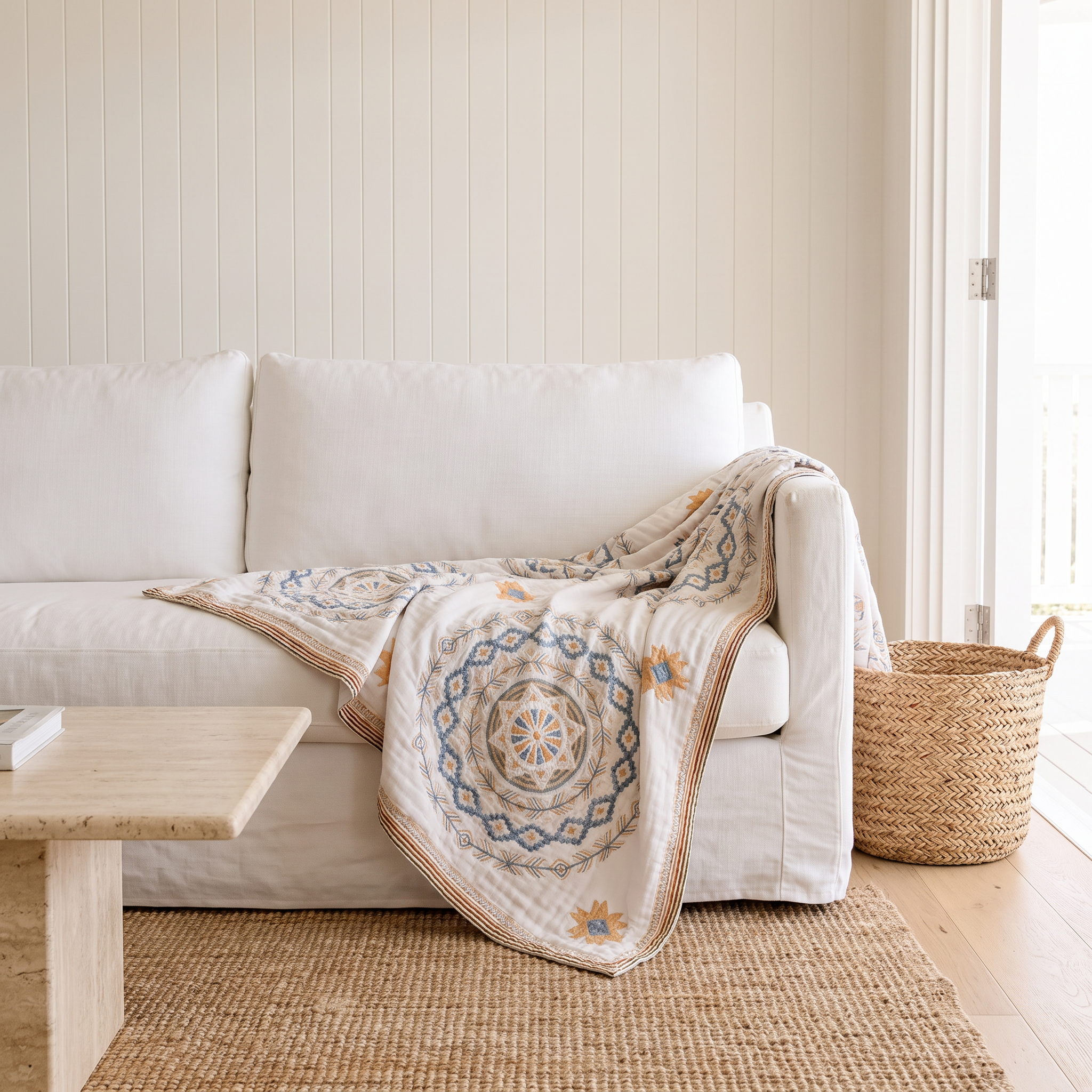 Belle mandala cotton throw blanket draped over a white linen sofa in a beach house living room
