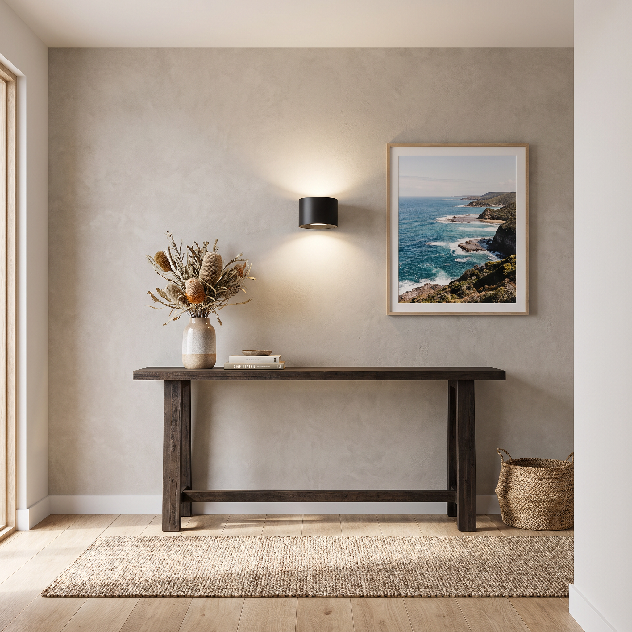 Belmont black LED wall sconce beside an ocean print in a coastal hallway