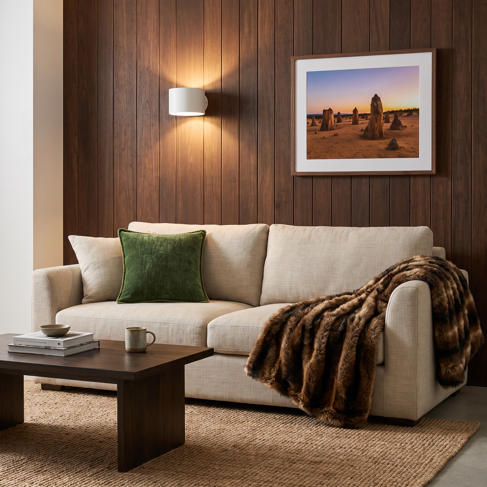 Belmont white LED wall sconce above a couch in a coastal living room