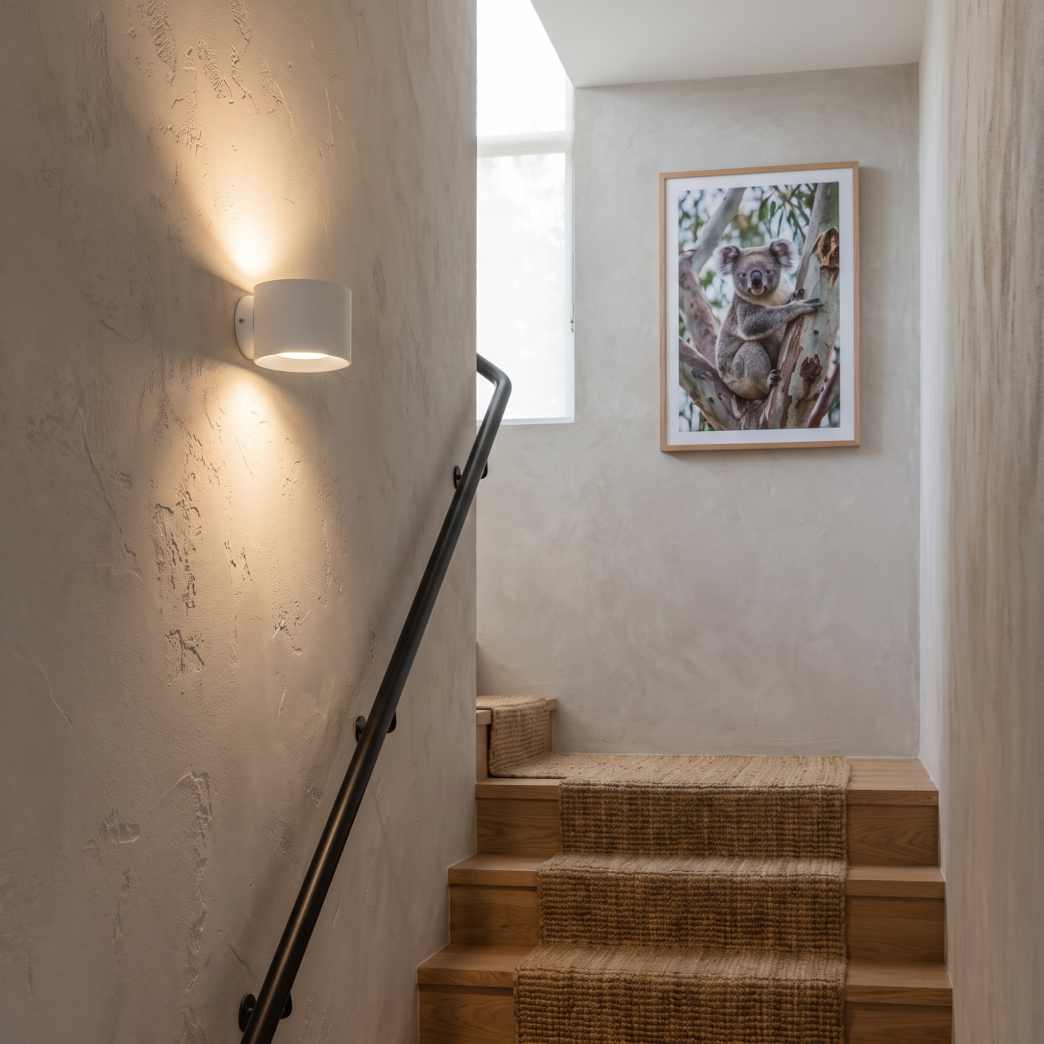 Belmont white LED wall sconce in a coastal beach-house stairwell