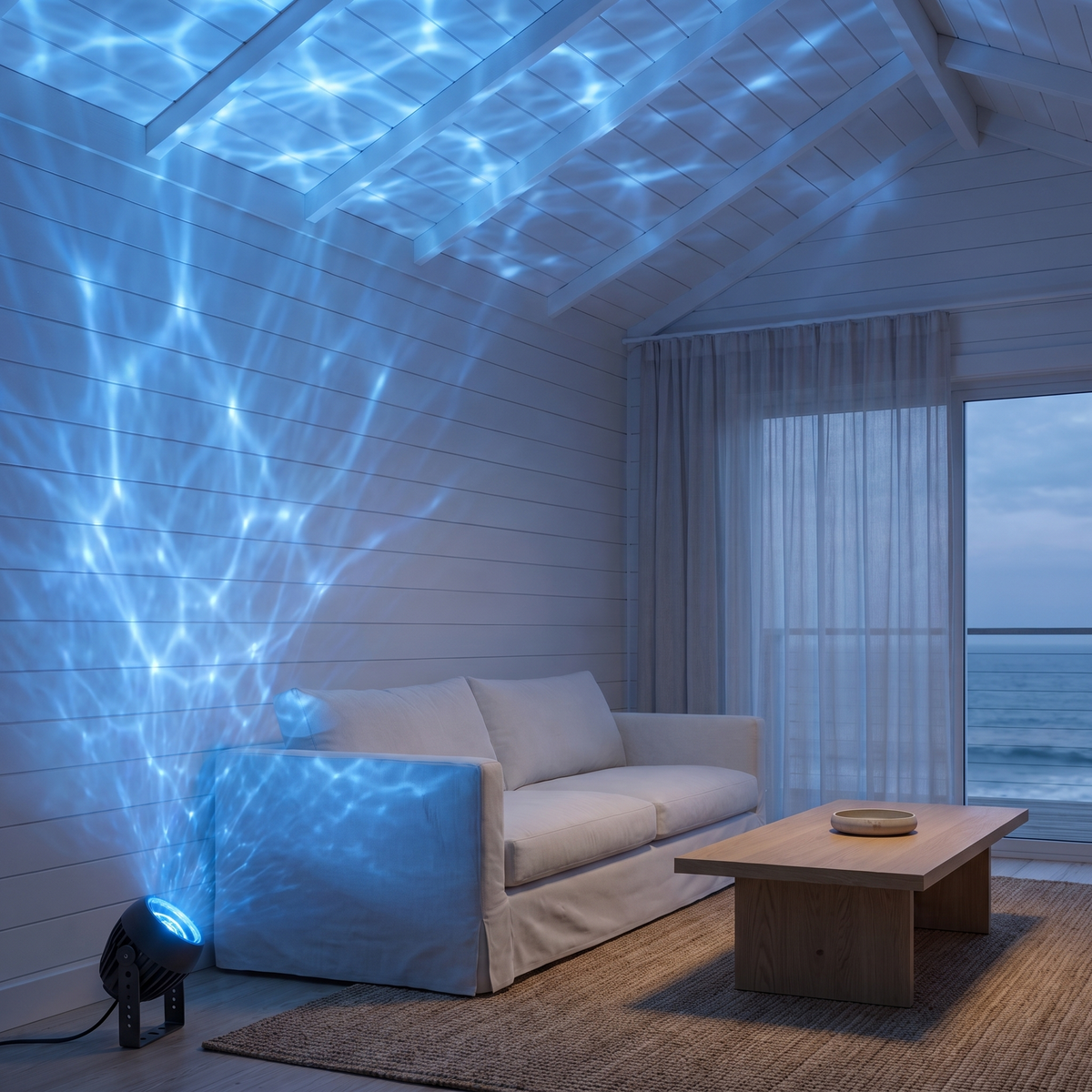 Beso ripple effect spotlight filling a beach house living room with an ice blue water ripple pattern