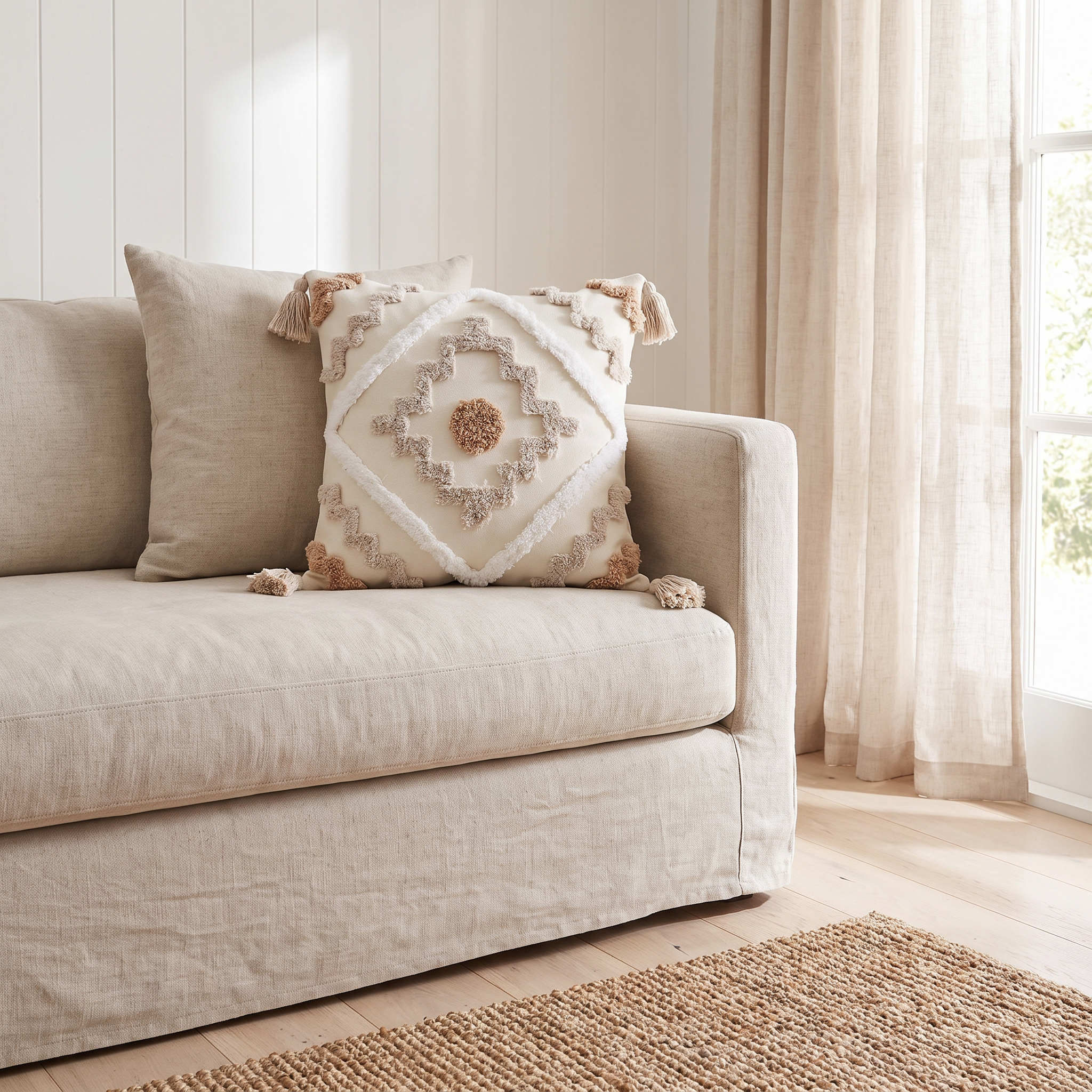 Bilgola tufted cushion cover on an oatmeal linen sofa in a beach house living room