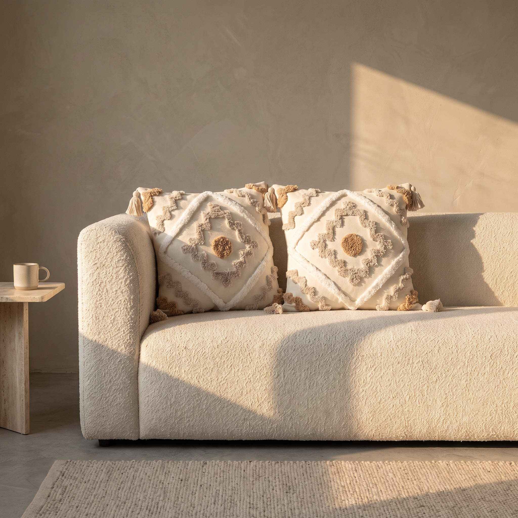 Two matching Bilgola tufted cushion covers on a cream boucle sofa