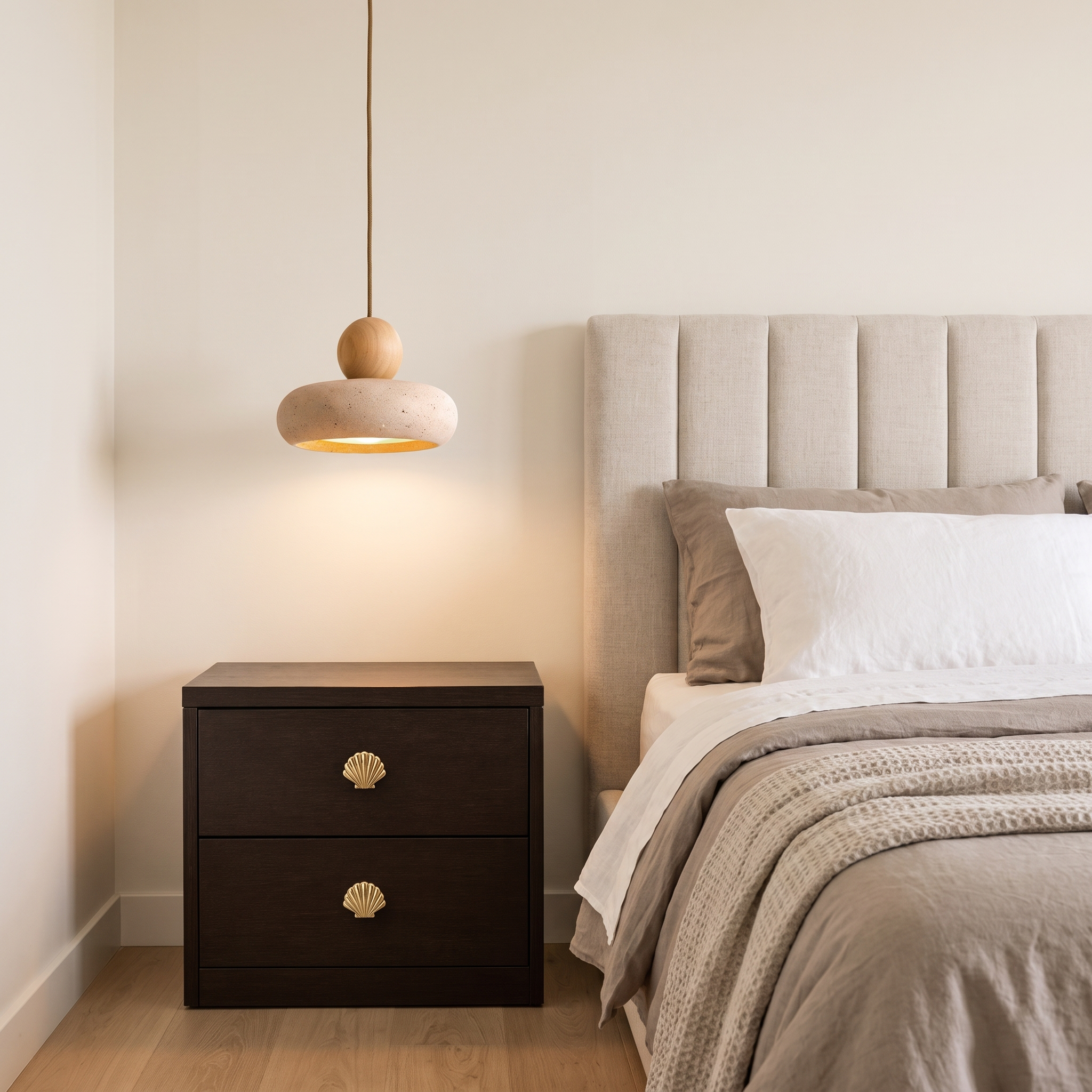 Bingin agate stone pendant light beside a bed above a dark timber bedside table with brass shell handles in a styled bedroom