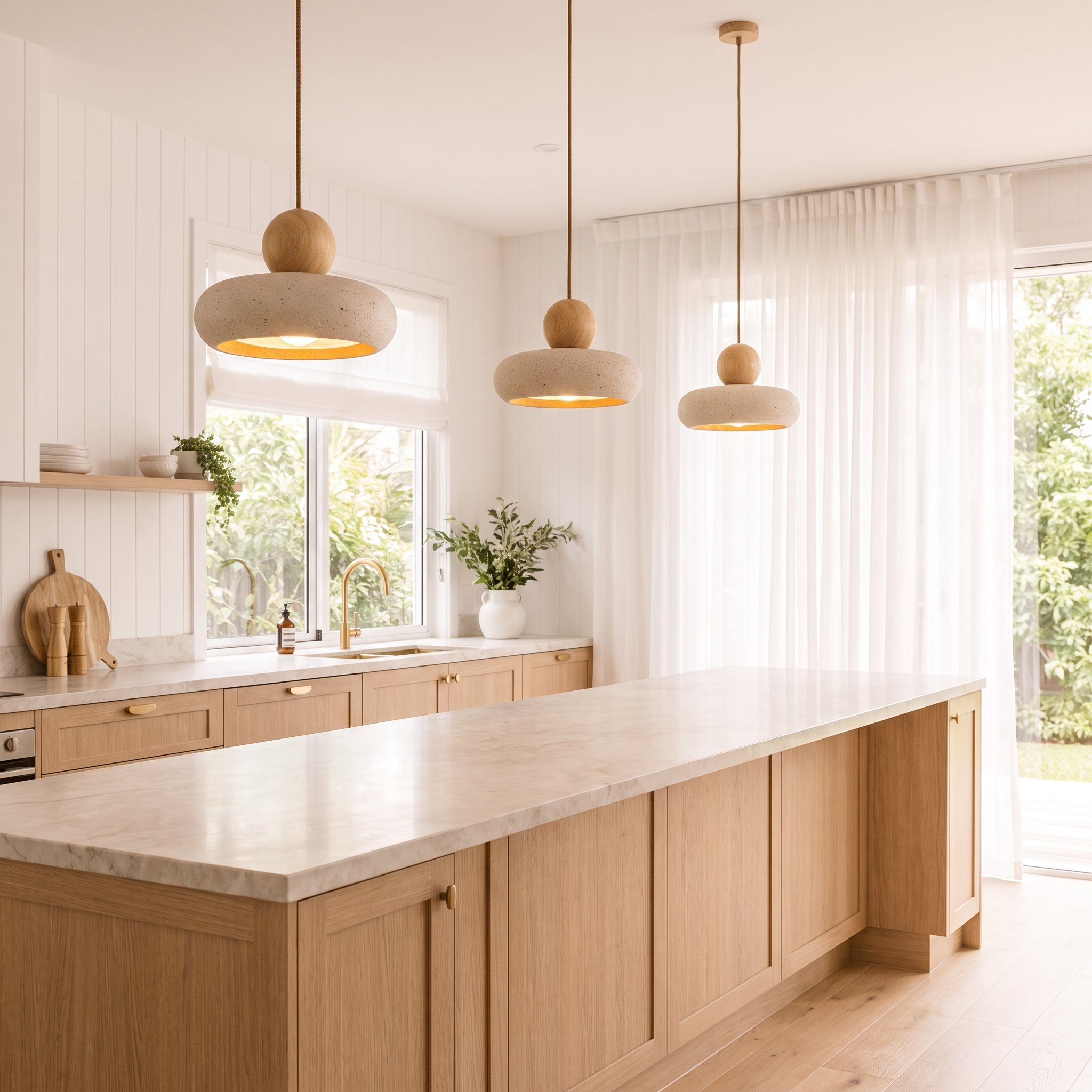 Three Bingin agate stone pendant lights hanging over a kitchen island in an Australian beach house kitchen