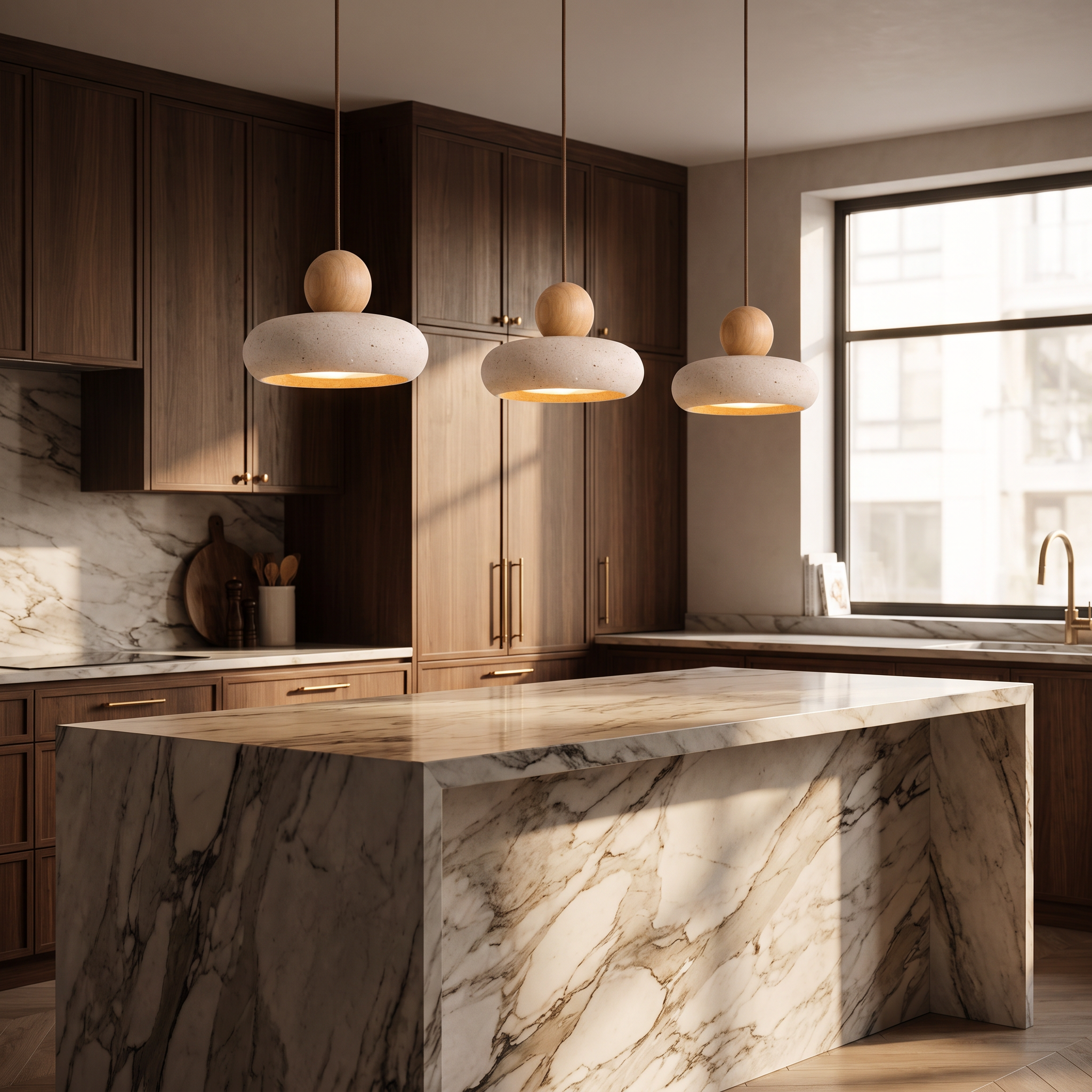 Three Bingin agate stone pendant lights hanging over a marble waterfall kitchen island