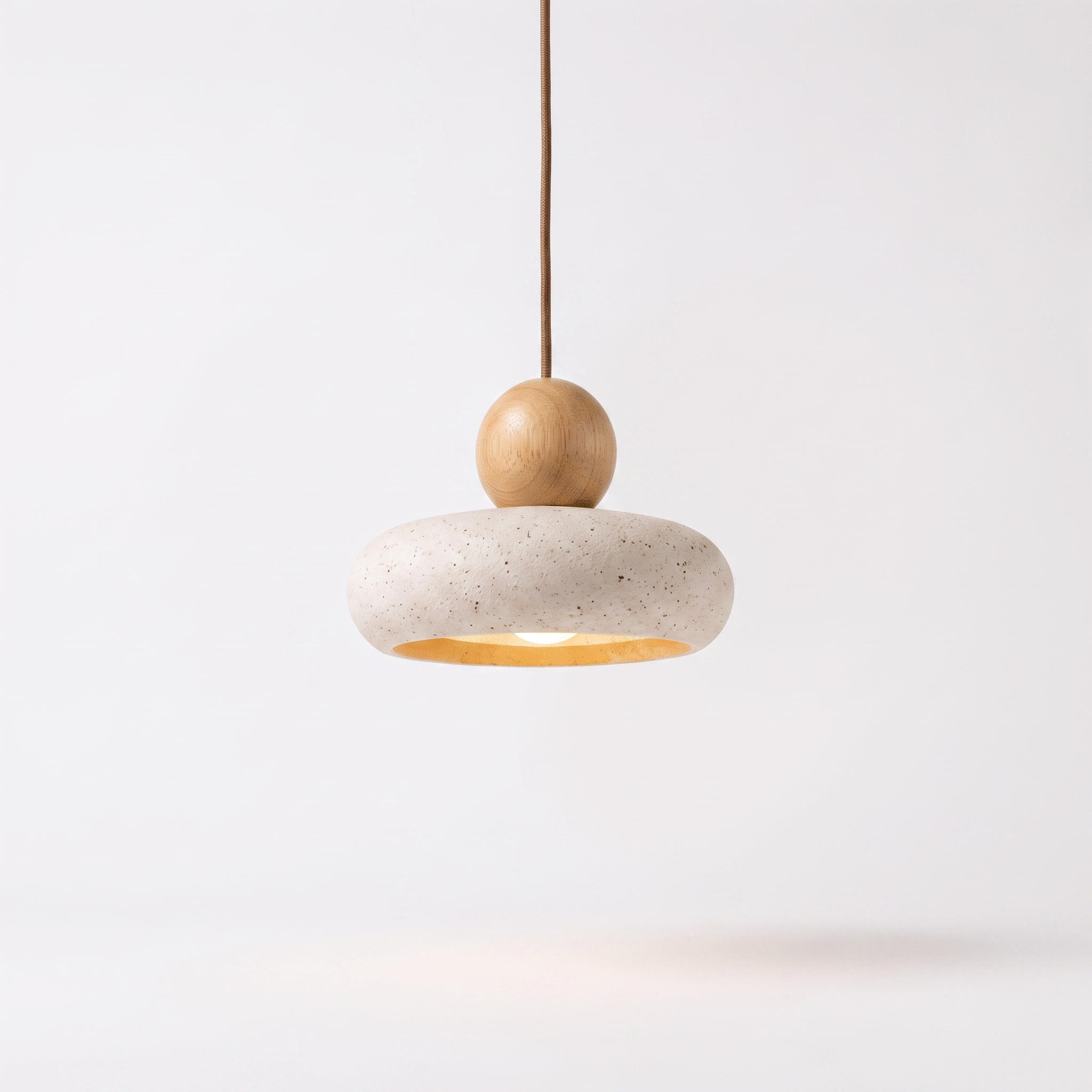 Bingin natural agate stone pendant light with light wood top on a white background