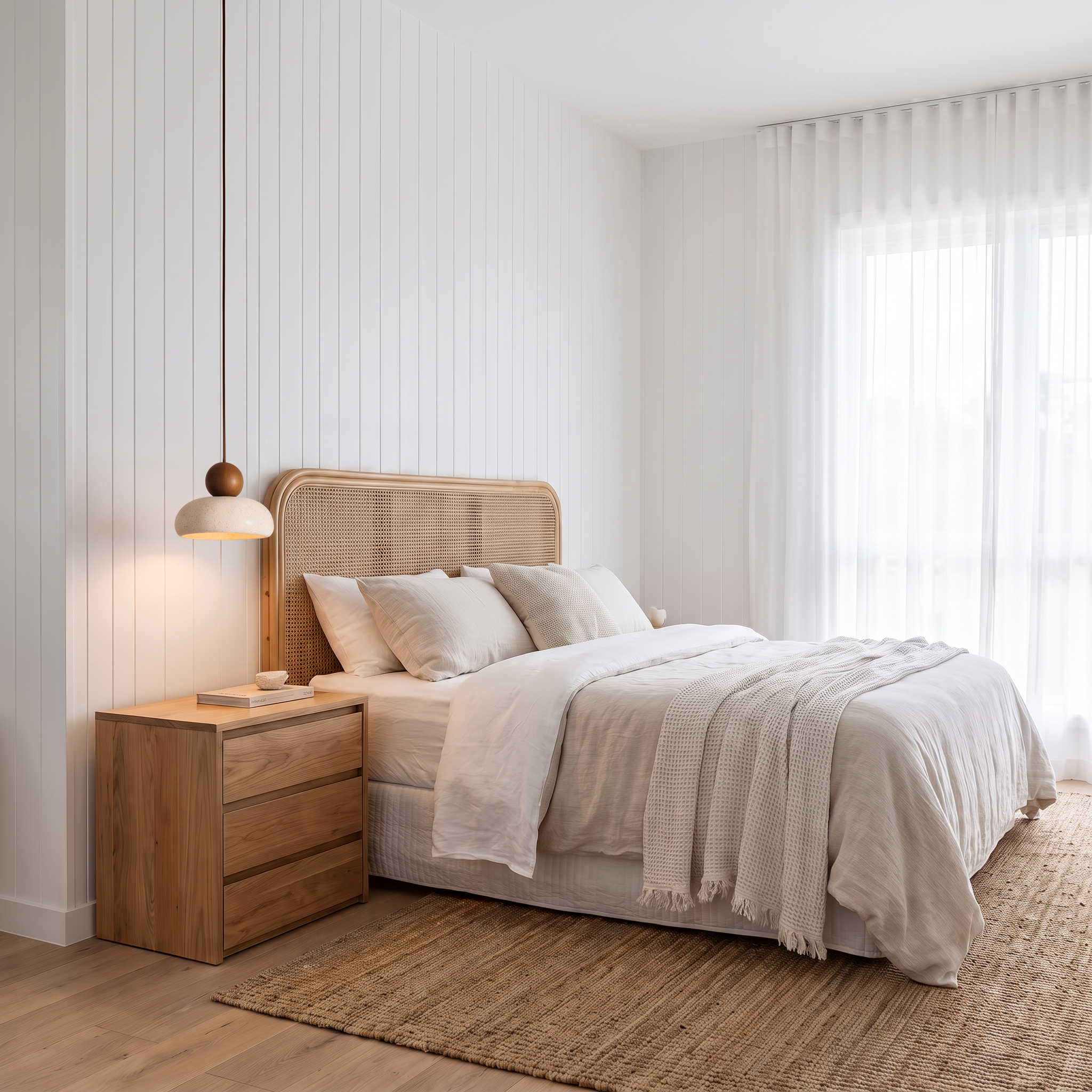 Bingin agate stone pendant light with walnut wood top hanging above a bedside chest of drawers in an Australian beach house bedroom