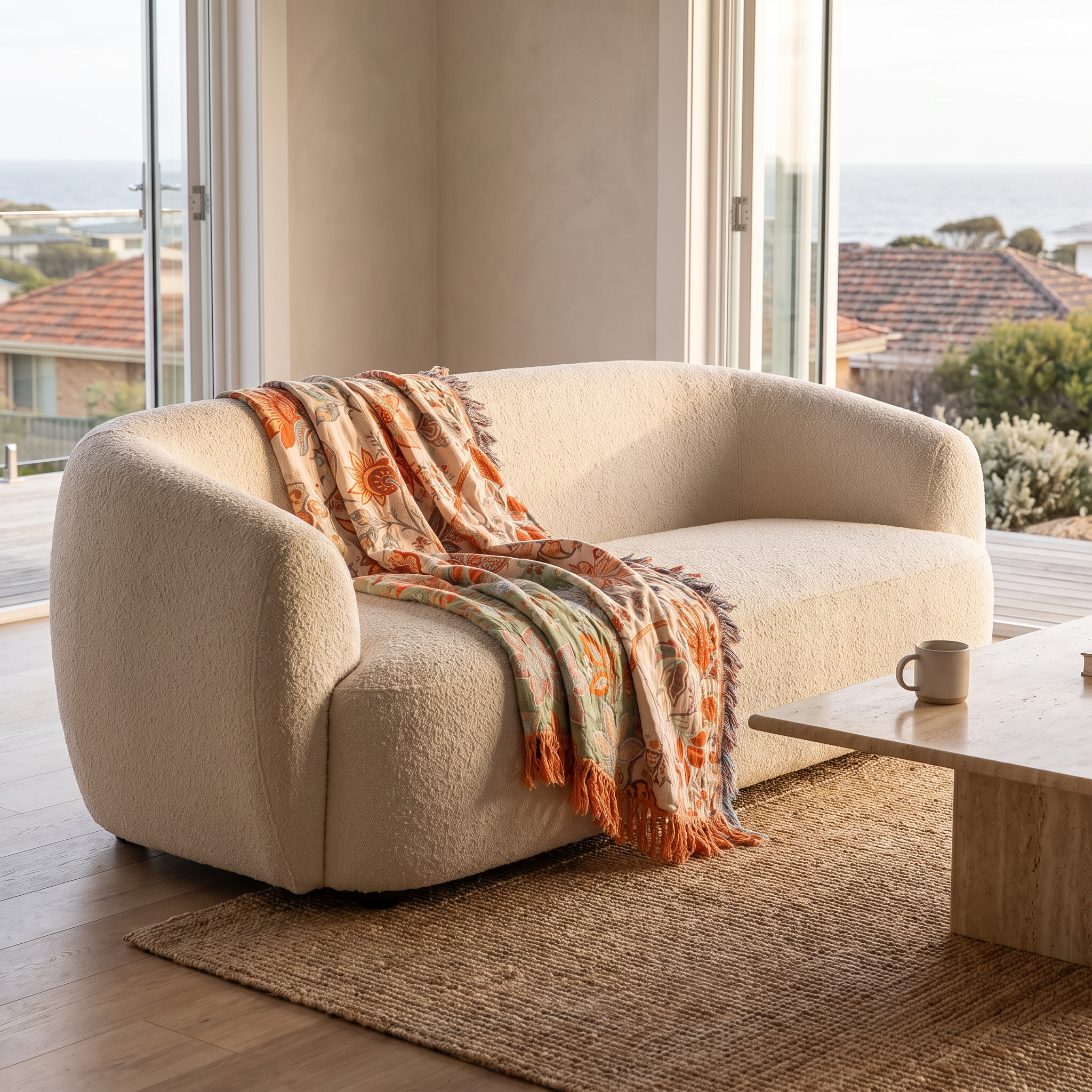 Bliss floral cotton throw blanket with its fringed edge over a cream boucle sofa in a coastal living room