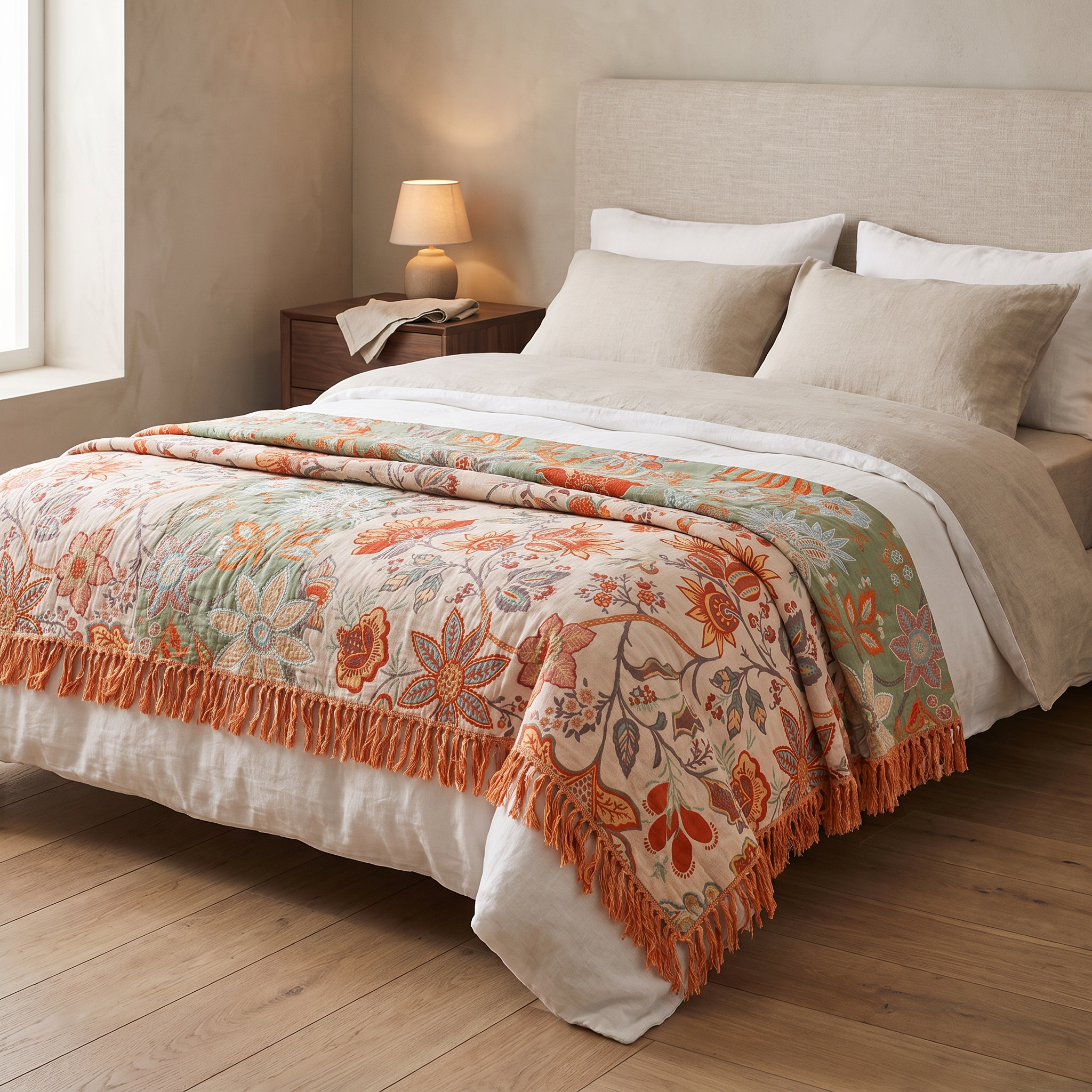 Bliss floral cotton throw blanket folded across a bed with an upholstered oatmeal linen headboard