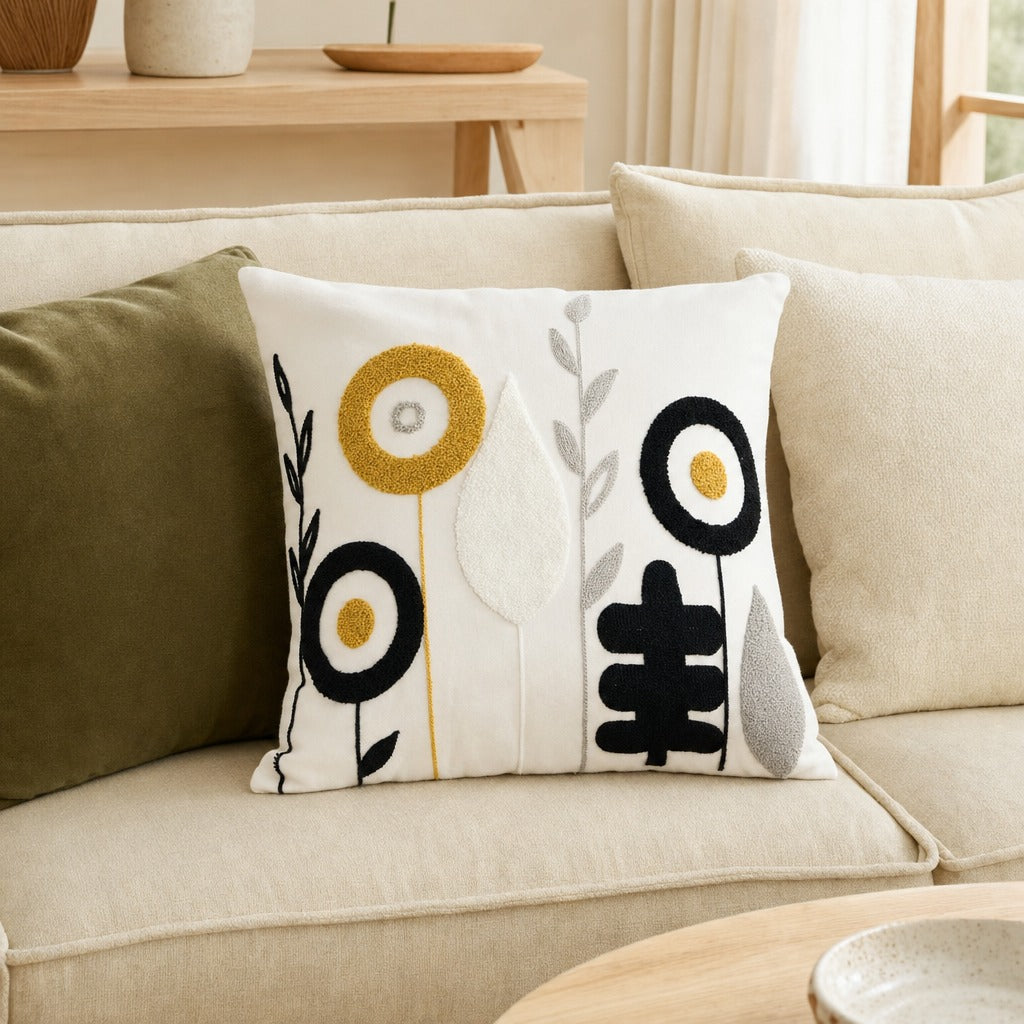 Blossoms ivory floral tufted cushion cover on a cream linen sofa beside an olive cushion
