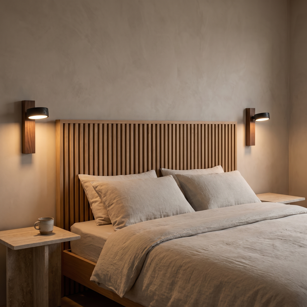 Pair of Boa walnut and travertine wall sconces as reading lights beside a slatted oak bed