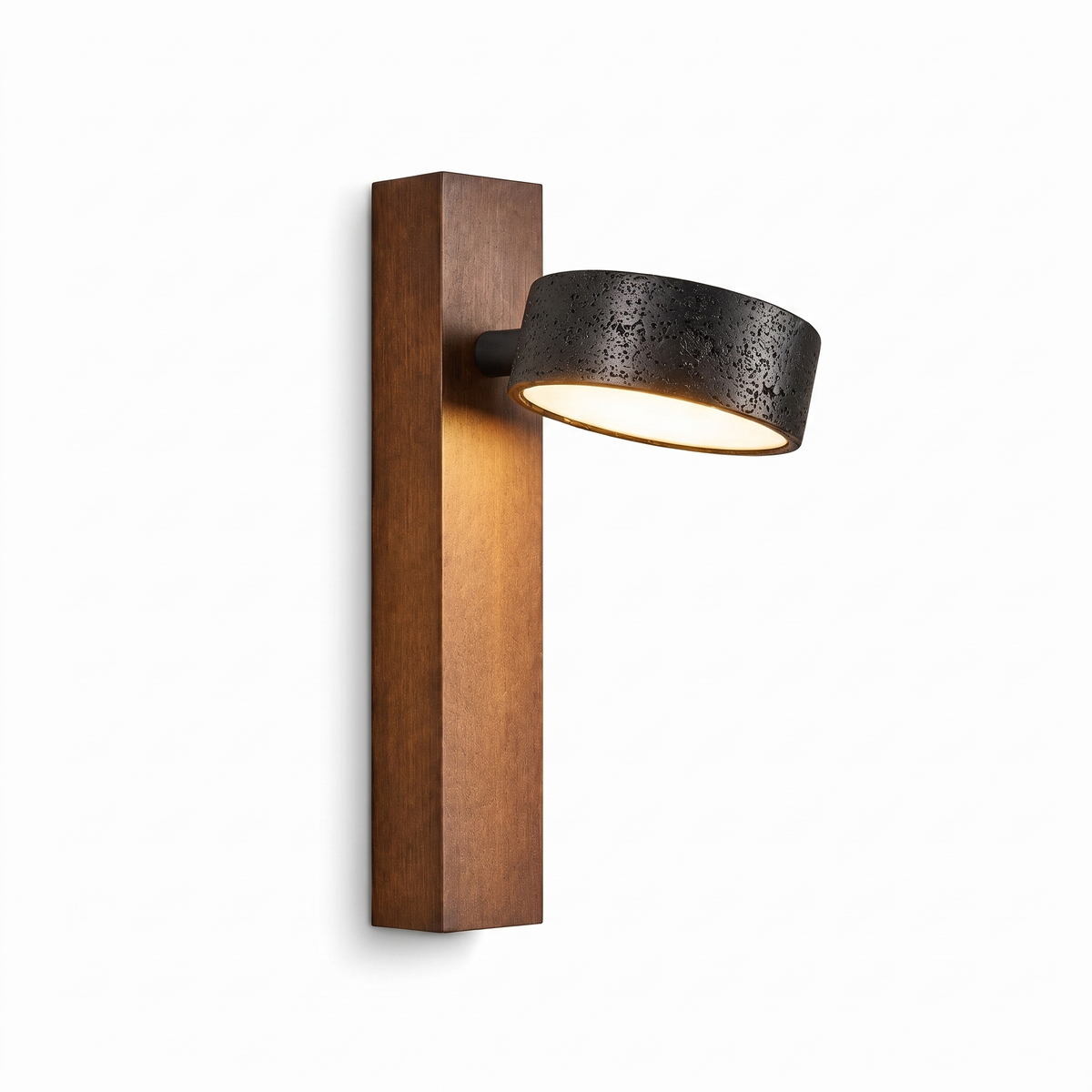 Boa walnut and black travertine adjustable LED wall sconce on a white background