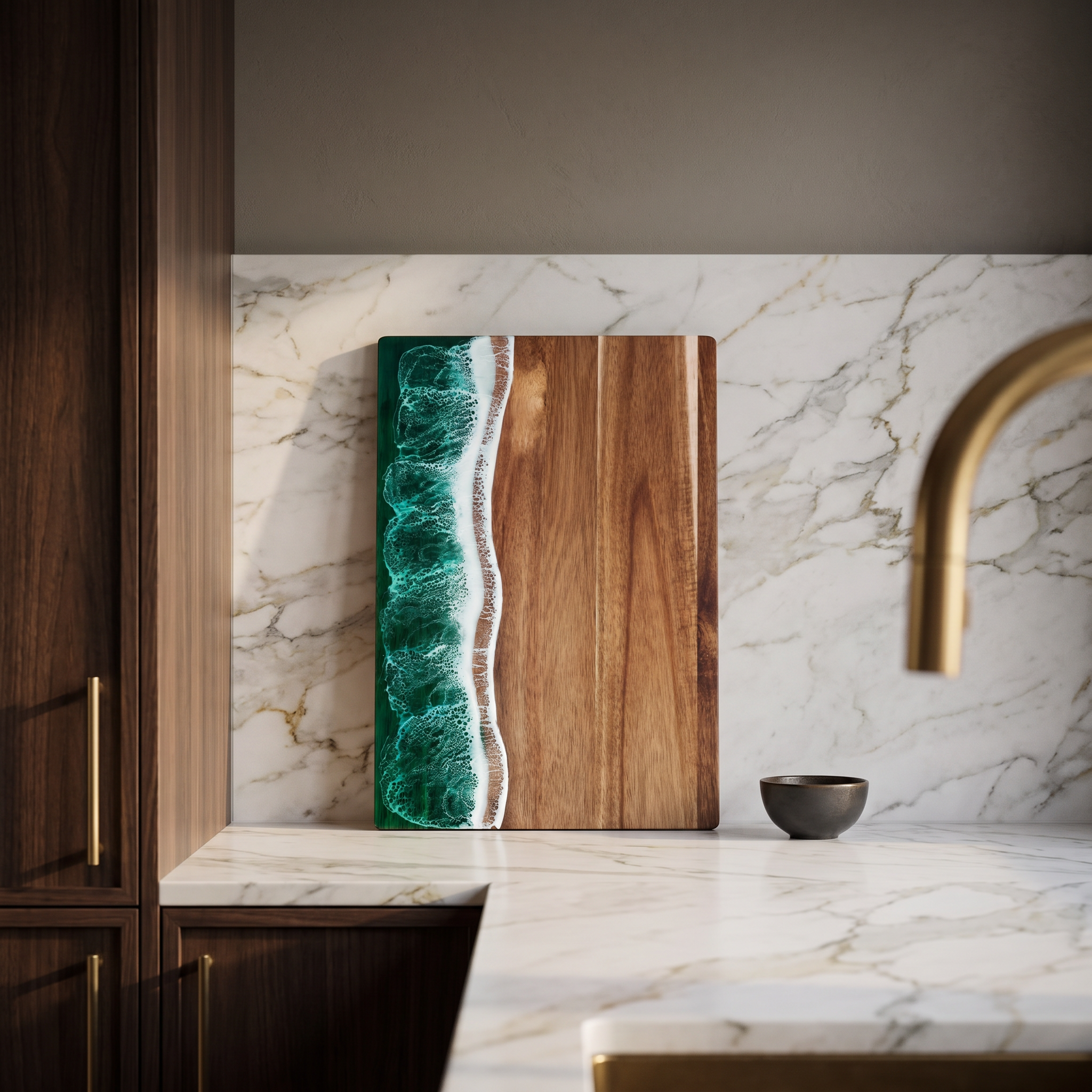 Bondi acacia chopping board standing against a Calacatta marble splashback in a modern coastal kitchen