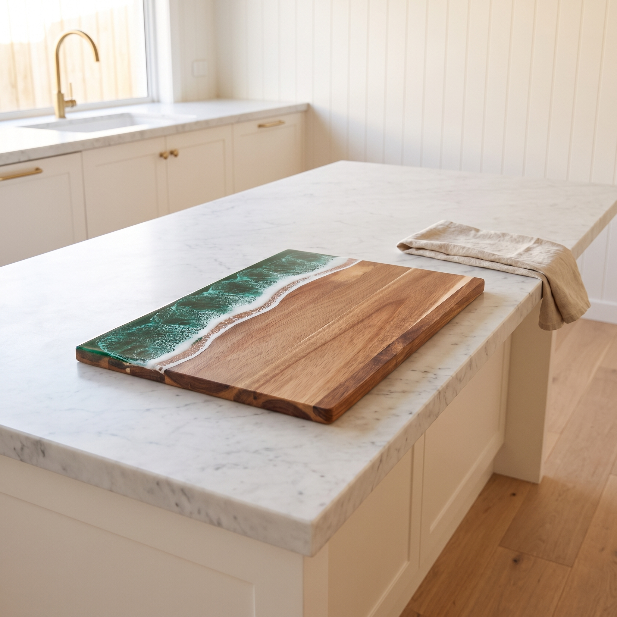 Bondi acacia chopping board lying flat on a Carrara marble island bench in a beach house kitchen