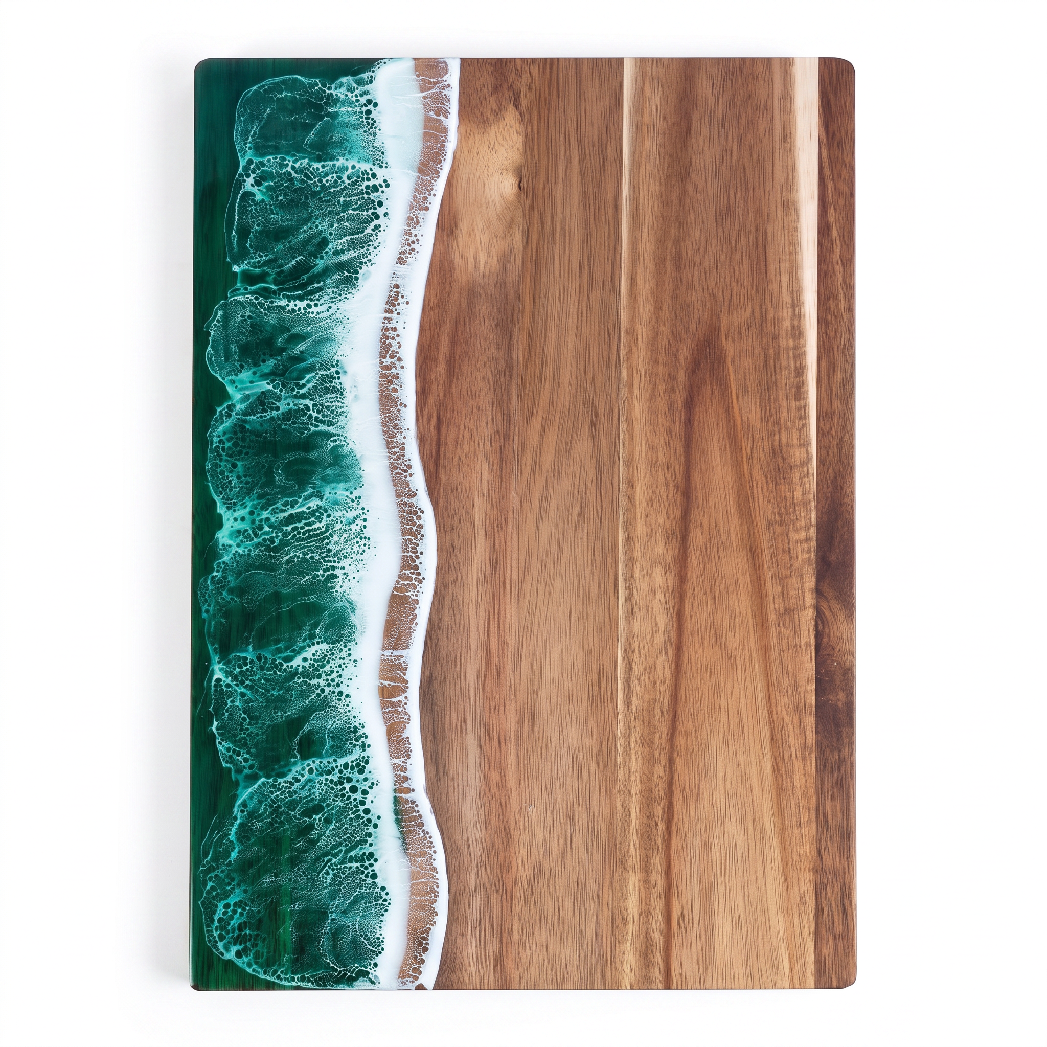 Bondi acacia chopping board with a green ocean resin inlay on a white background