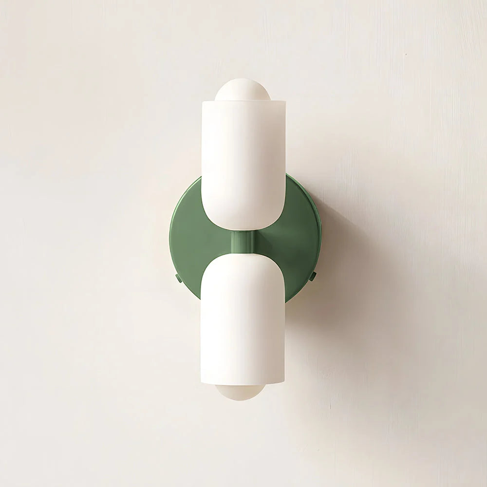 Boni up and down wall light with a green wall plate and two white scalloped opal shades