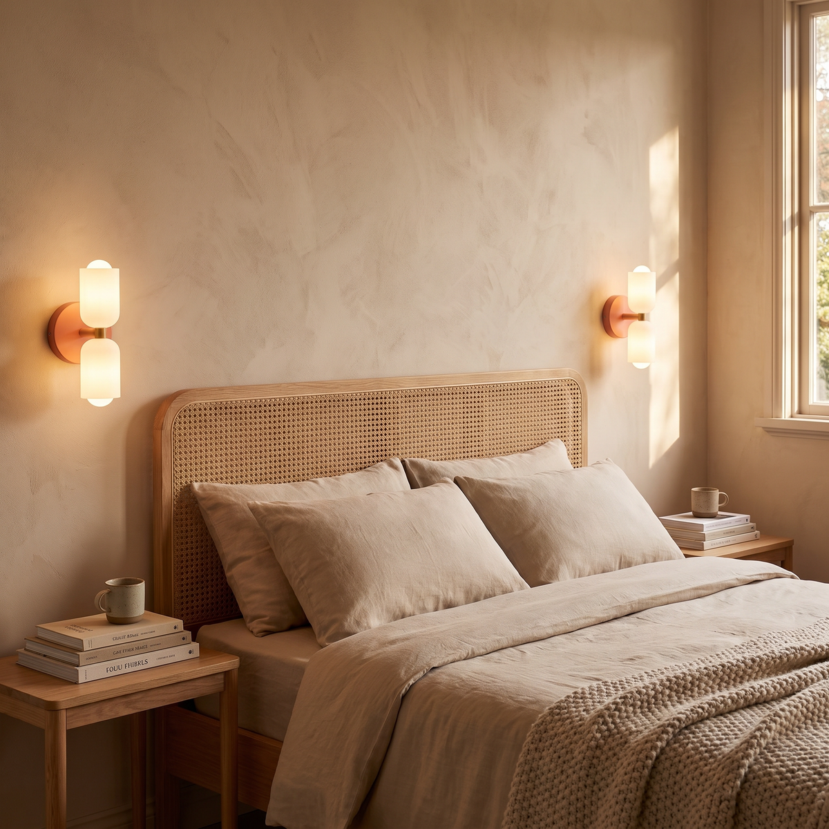 Boni up and down wall light in pink in a guest bedroom