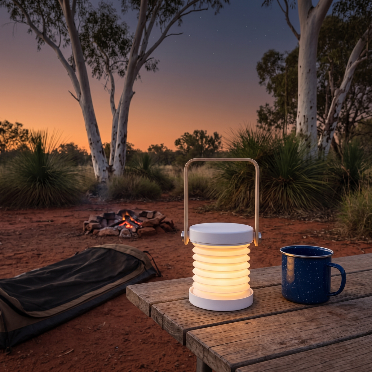 Brae folding LED lantern in white lighting a camp table at an outback campsite at dusk