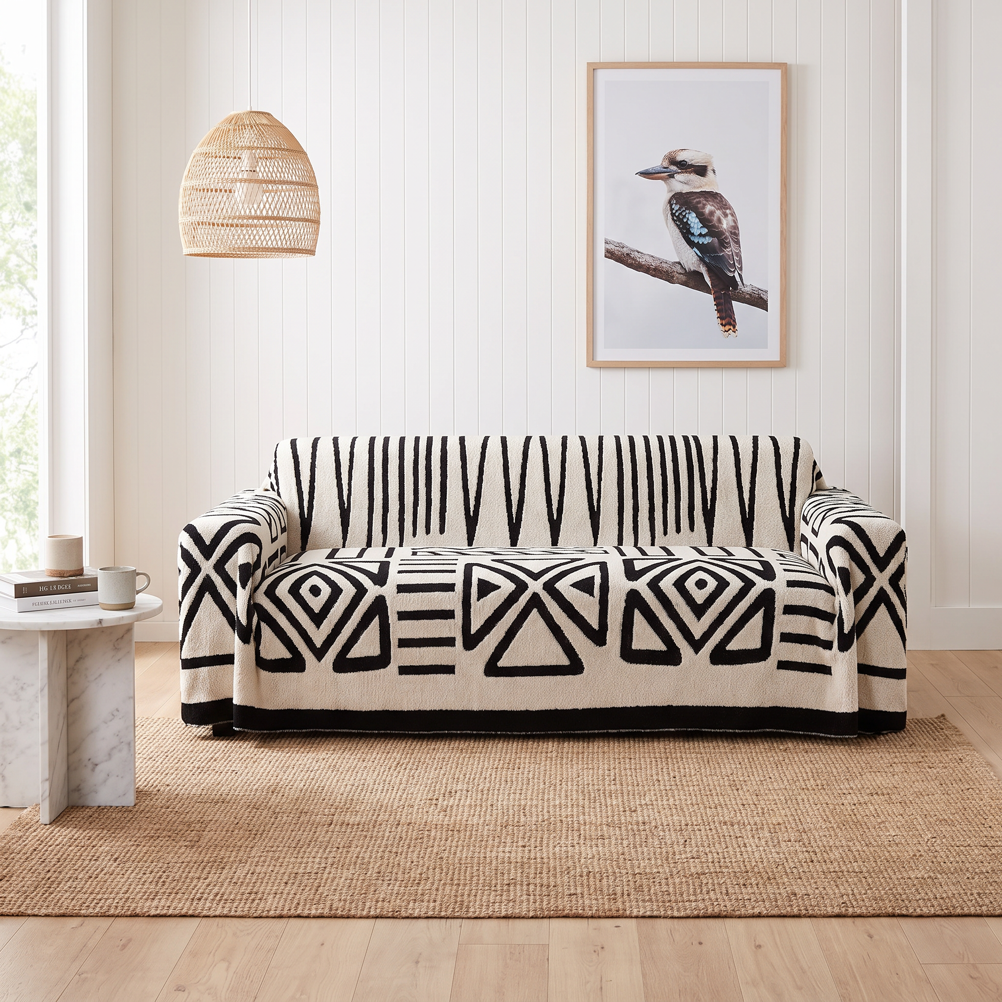 Breck jacquard maze sofa cover in Smoke Gray styled in a coastal Australian living room