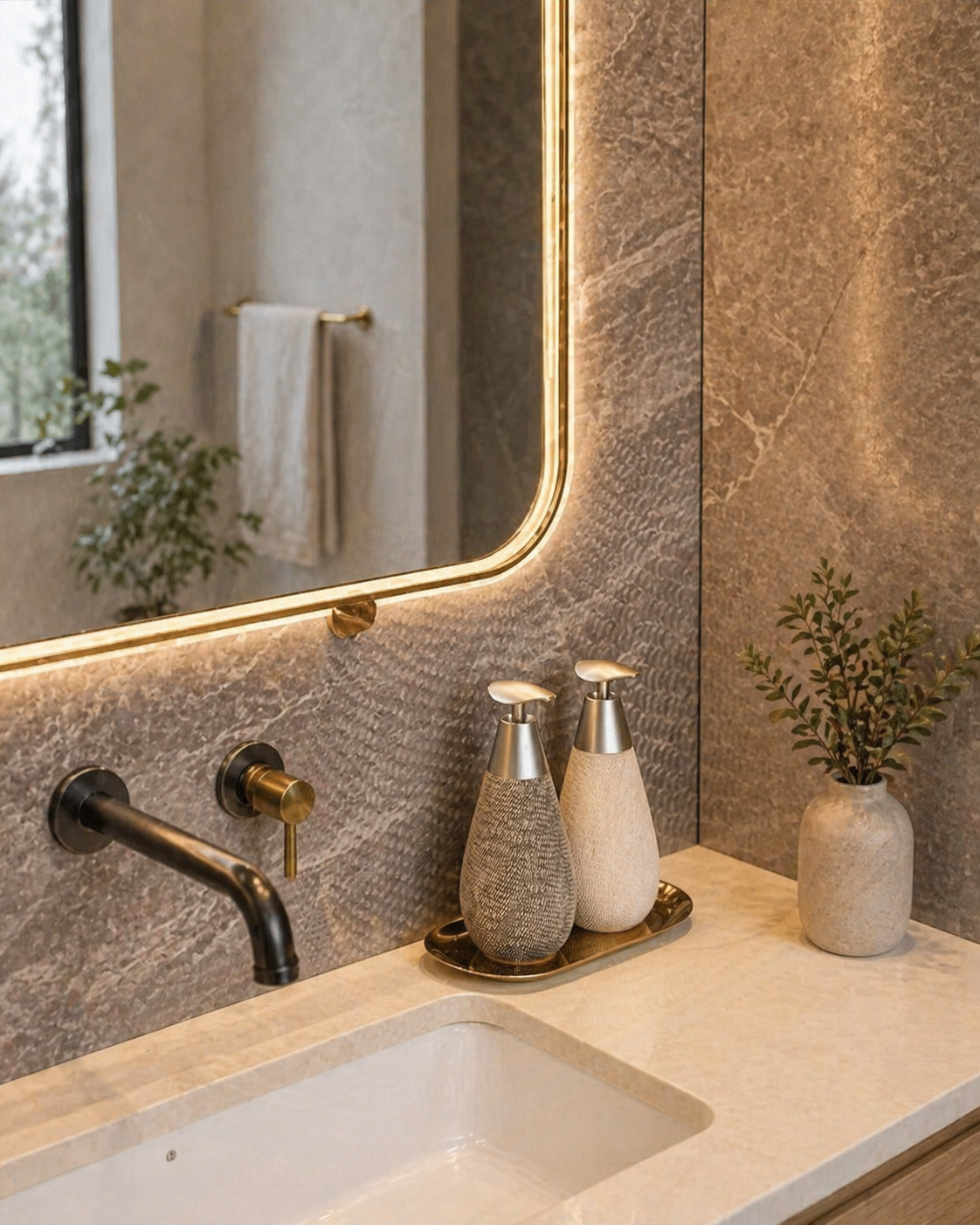 Brelon Ceramic Soap Dispenser styled on a kitchen counter