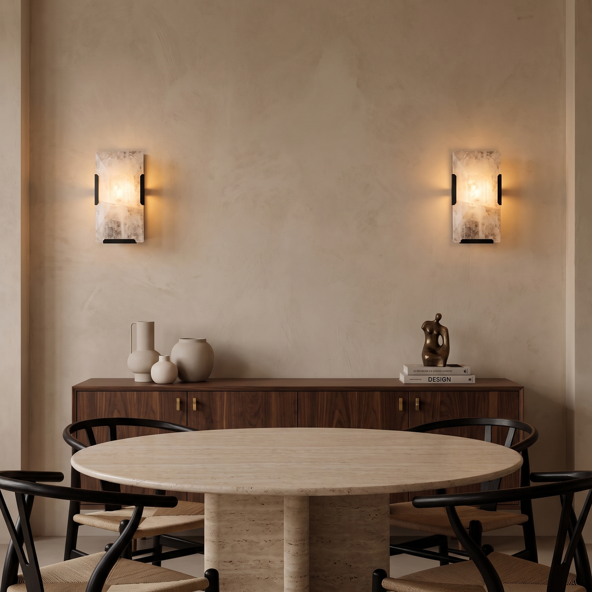 Bunga alabaster wall light in black in a dining room