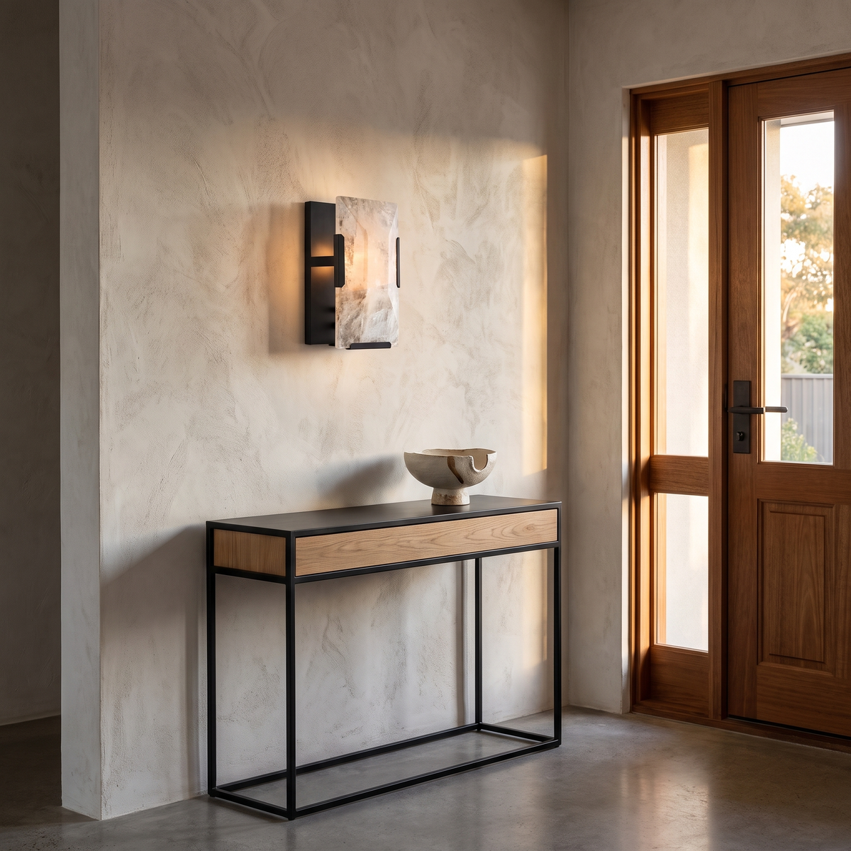Bunga alabaster wall light in black in an entryway near the front door