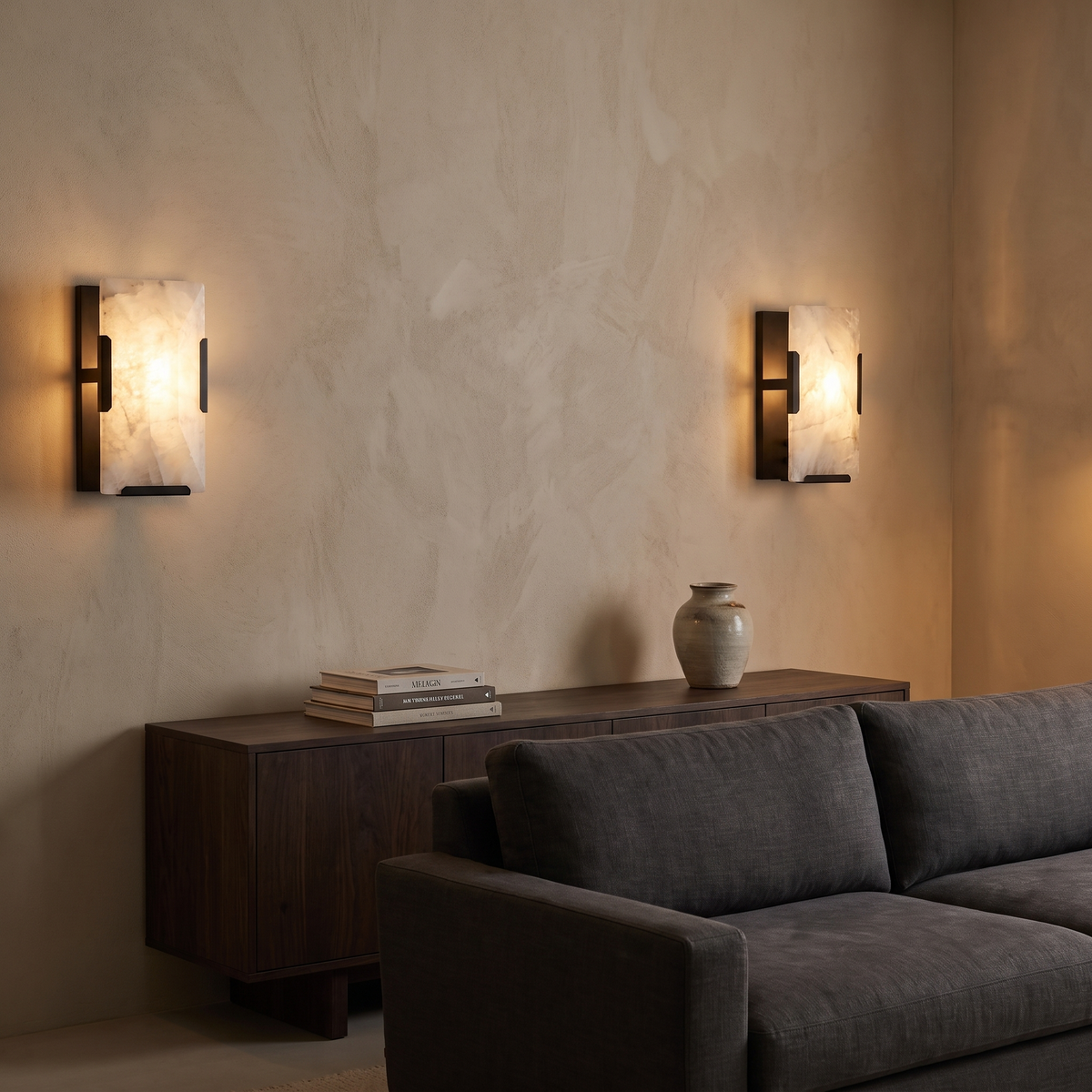 Bunga alabaster wall light in black in a living room