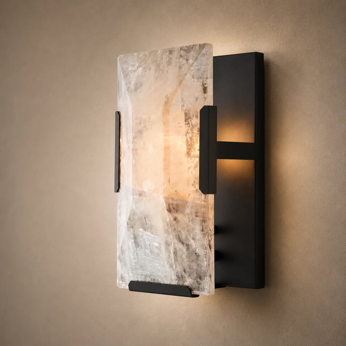 Bunga alabaster wall light in black with the natural stone slab glowing warm