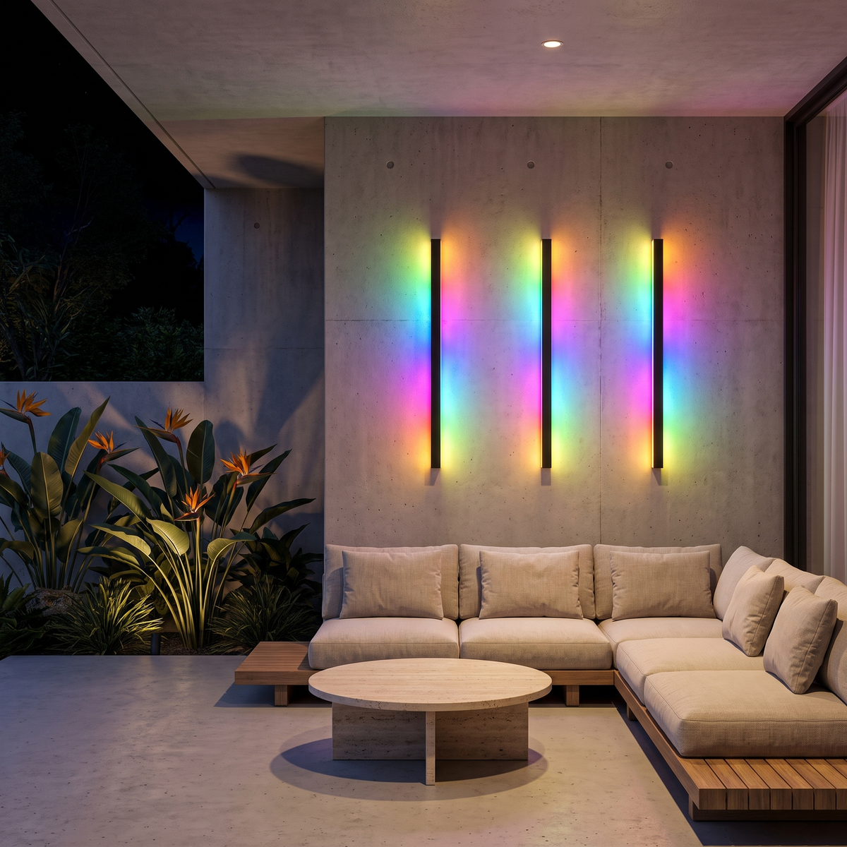 Three 100cm Burdekin RGB LED outdoor wall lights glowing on a concrete alfresco wall at night