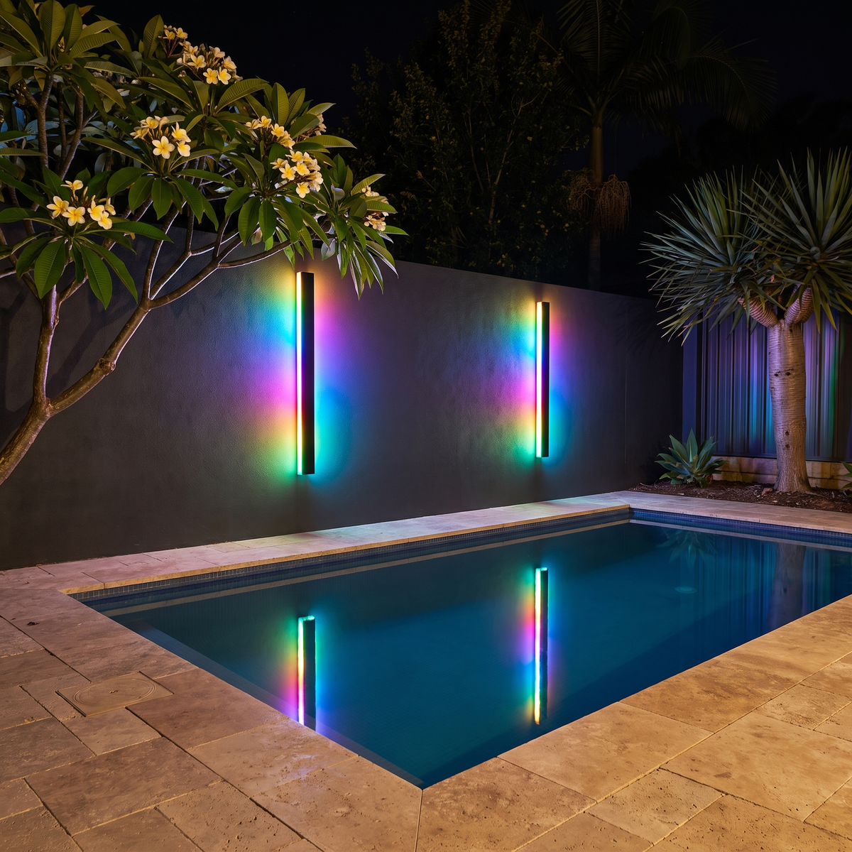 Two 150cm Burdekin RGB LED outdoor wall lights in rainbow colours reflected in a plunge pool